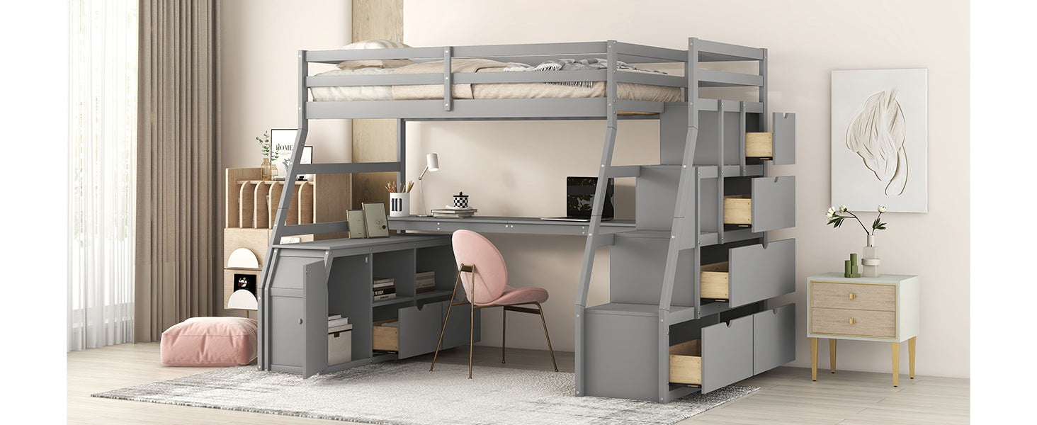 Twin Size Loft Bed With 7 Drawers 2 Shelves And Desk Gray Gray Plywood