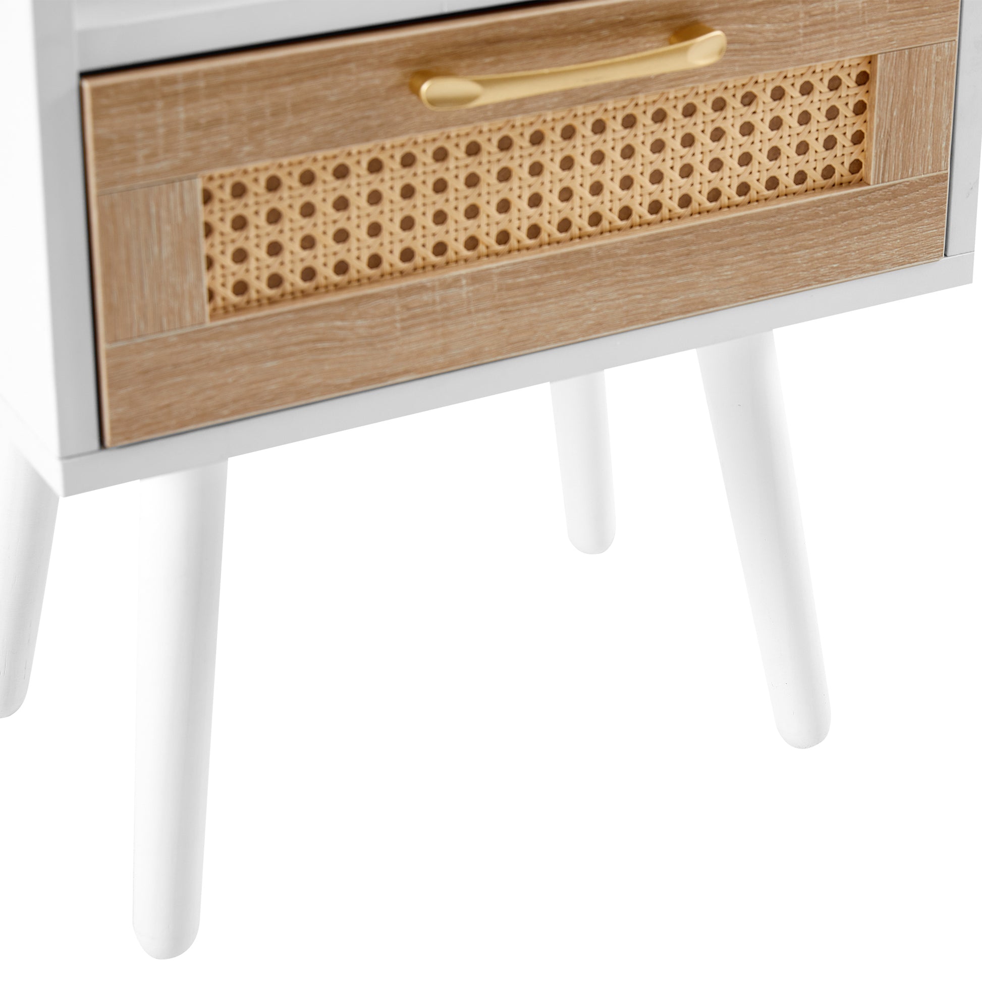 15.75" Rattan End Table With Power Outlet & Usb Portsmodern Nightstand With Drawer And Solid Wood Legs, Side Table For Living Room, Bedroom, White White Solid Wood Mdf