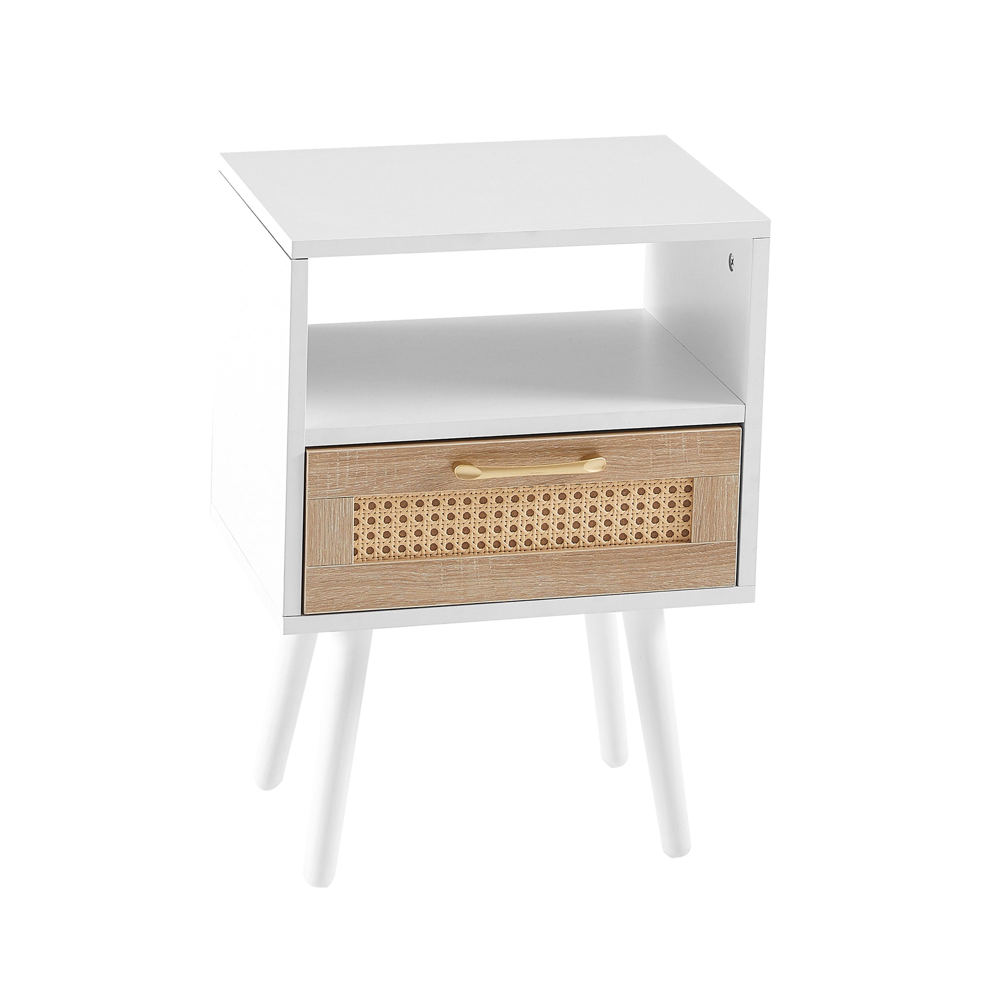 15.75" Rattan End Table With Drawer And Solid Wood Legs, Modern Nightstand, Side Table For Living Room, Bedroom, White White Solid Wood Mdf