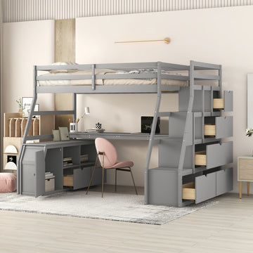 Twin Size Loft Bed With 7 Drawers 2 Shelves And Desk Gray Gray Plywood