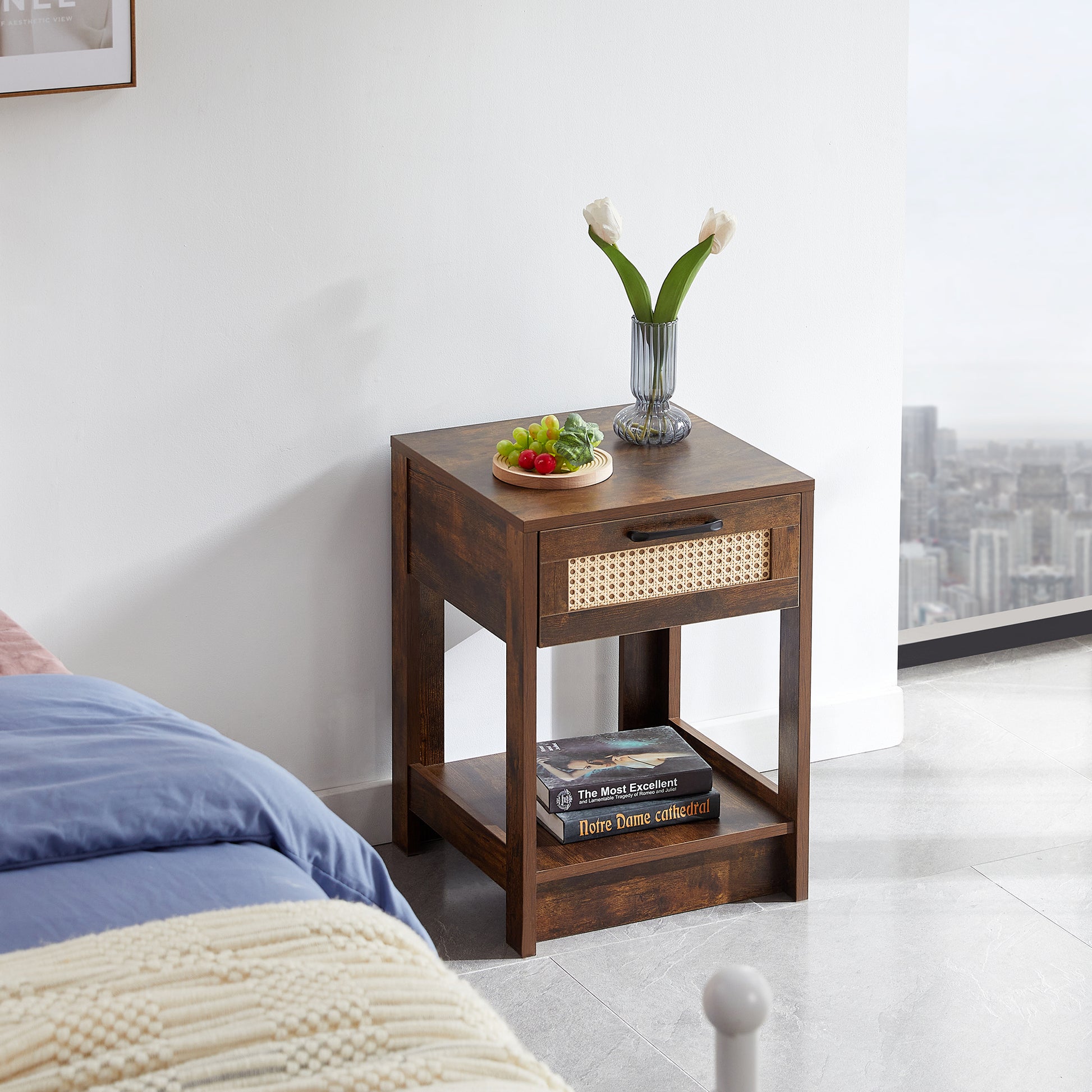 15.75" Rattan End Table With Drawer, Modern Nightstand, Side Table For Living Room, Bedroom,Rustic Brown Rustic Brown Mdf