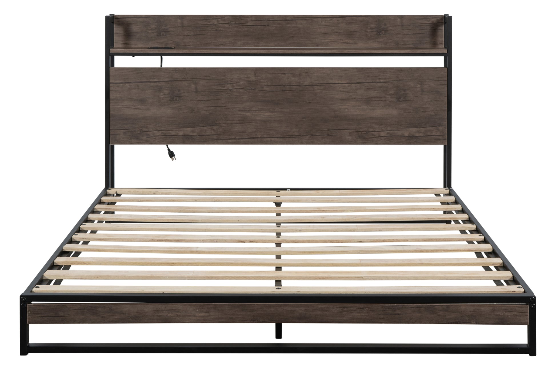 Platform Queen Bed With Socket, Fast Assemble Design Black Steel
