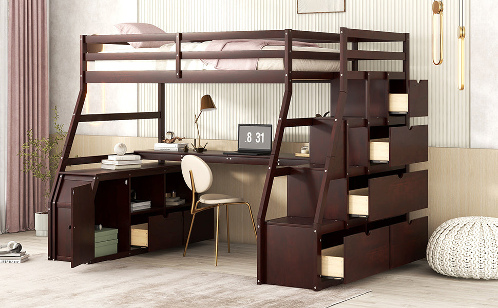 Twin Size Loft Bed With 7 Drawers 2 Shelves And Desk Espresso Espresso Plywood