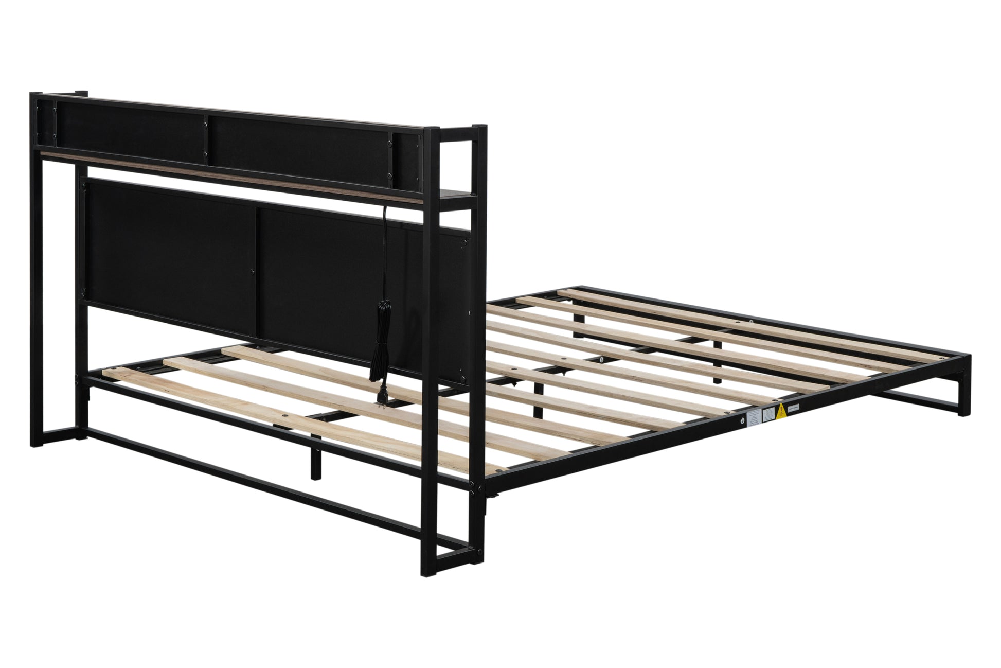 Platform Queen Bed With Socket, Fast Assemble Design Black Steel