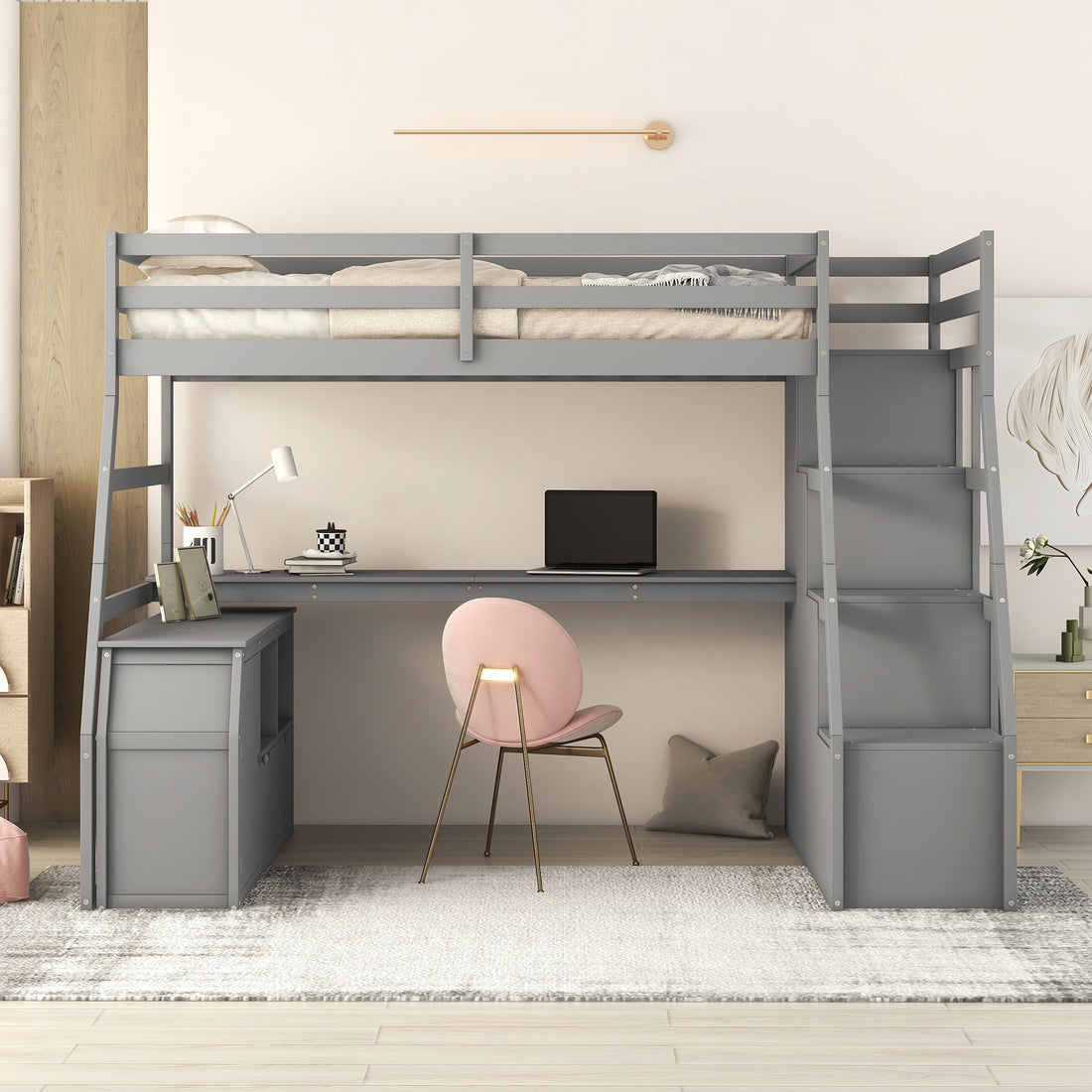 Twin Size Loft Bed With 7 Drawers 2 Shelves And Desk Gray Gray Plywood