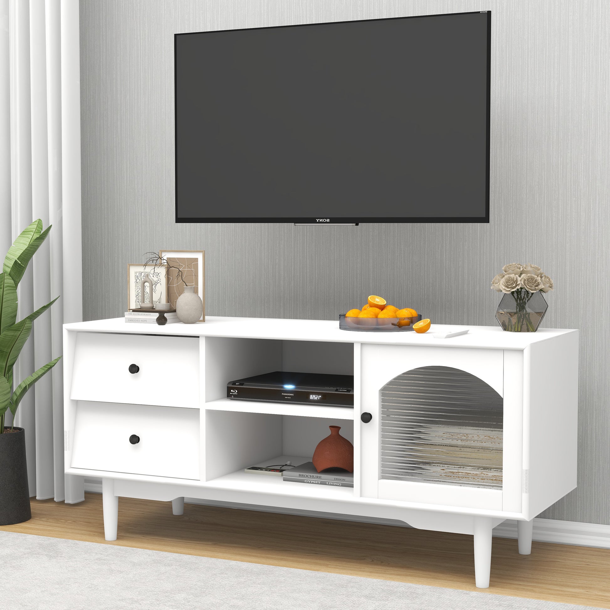 Living Room White Tv Stand With Drawers And Open Shelves, A Cabinet With Glass Doors For Storage White Mdf