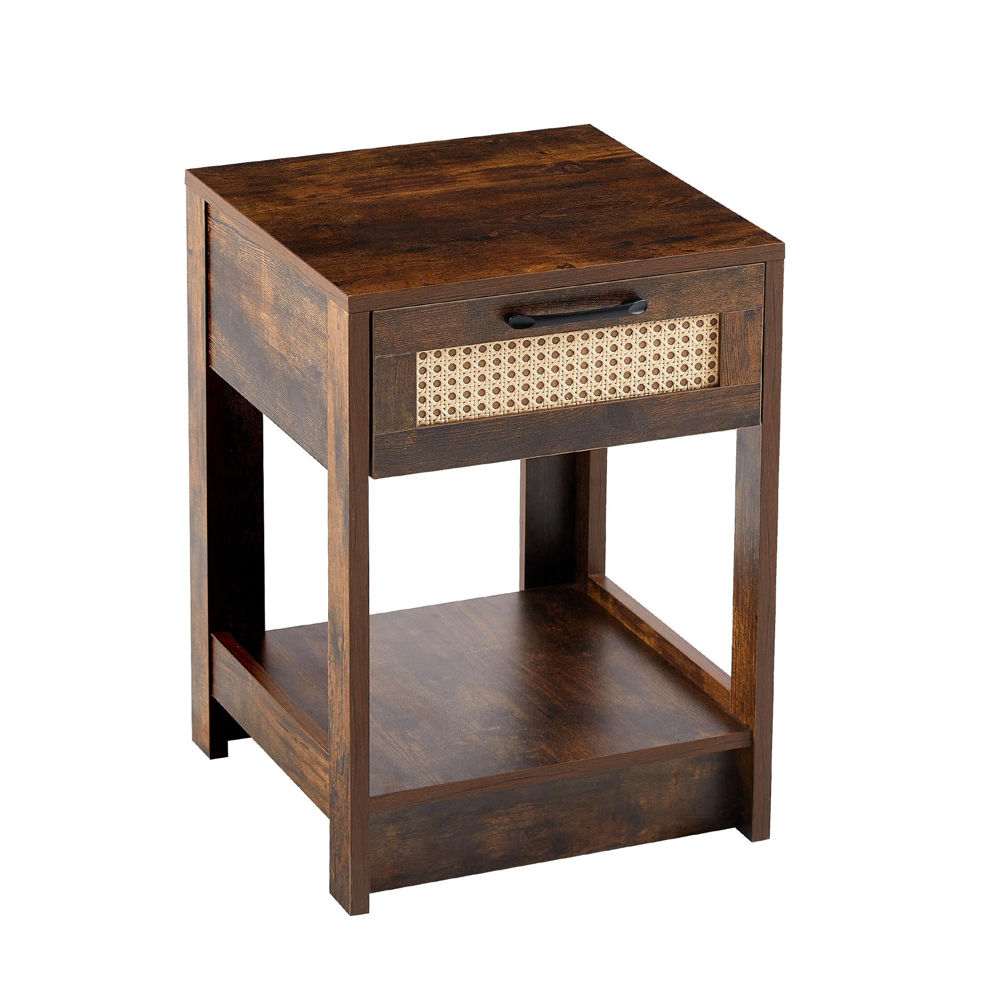 15.75" Rattan End Table With Drawer, Modern Nightstand, Side Table For Living Room, Bedroom,Rustic Brown Rustic Brown Mdf