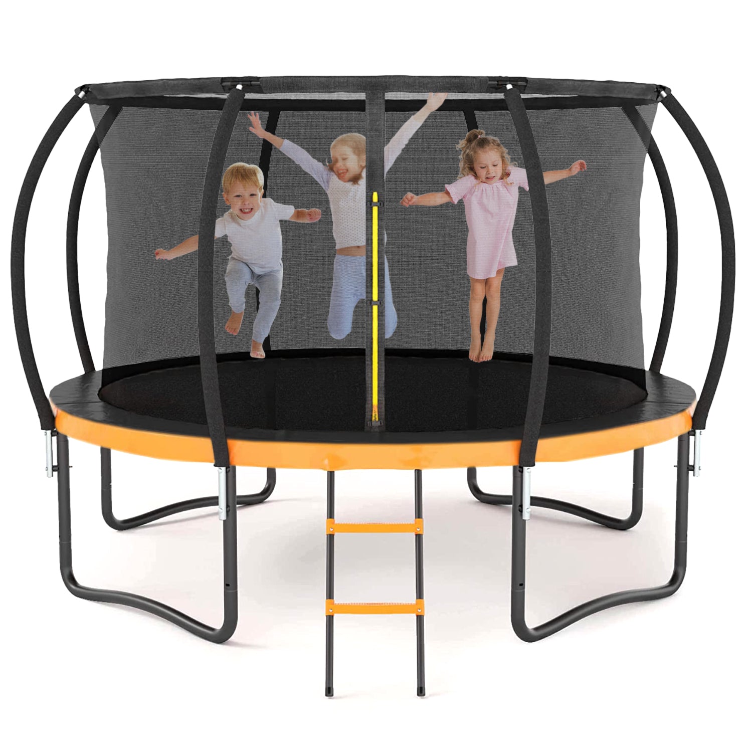 12Ft Outdoor Big Trampoline With Inner Safety Enclosure Net, Ladder, Pvc Spring Cover Padding, For Kids, Black&Orange Color Orange Metal