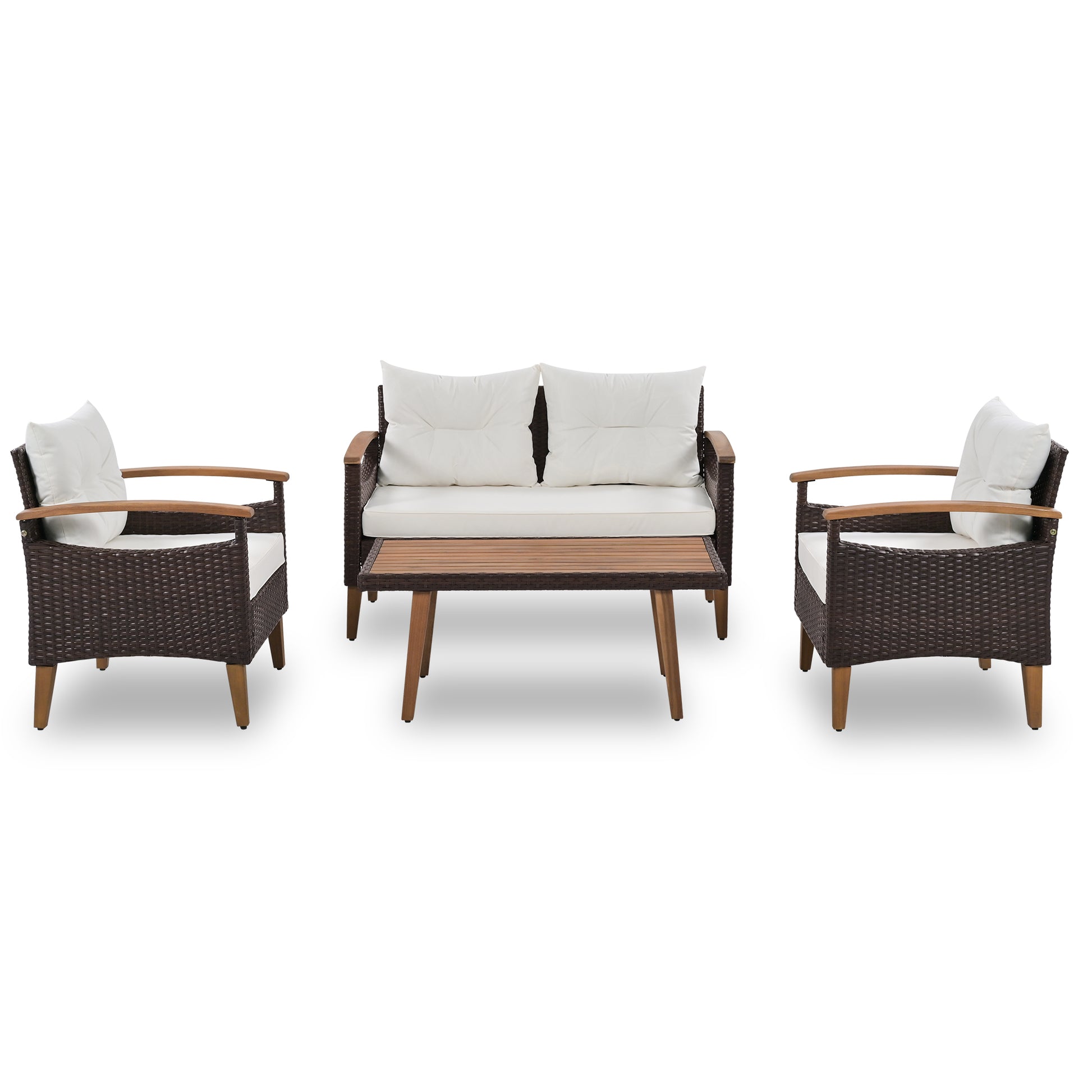 4 Piece Garden Furniture, Patio Seating Set, Pe Rattan Outdoor Sofa Set, Wood Table And Legs, Brown And Beige Yes Beige Polyurethane Foam Polyester,Wicker
