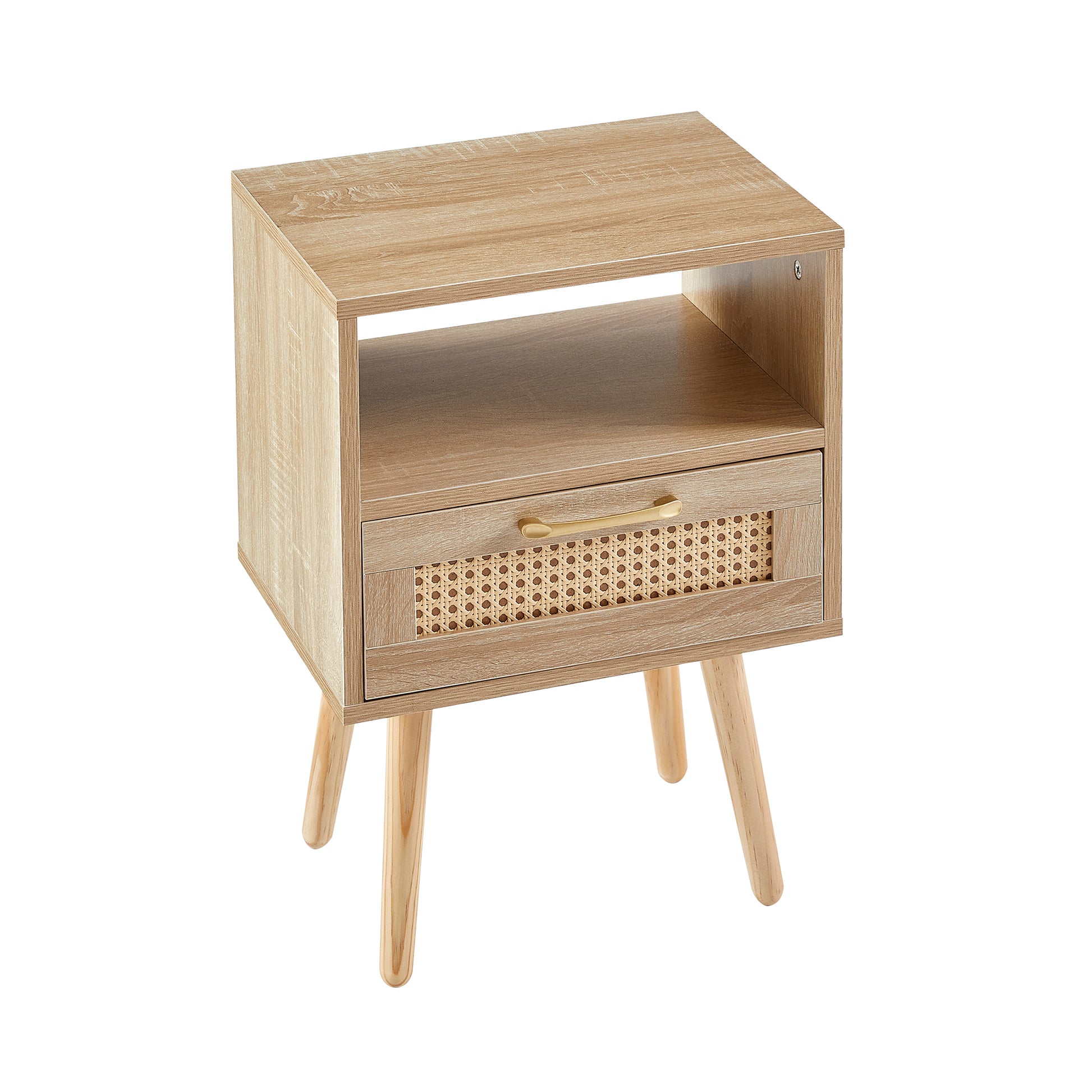 15.75" Rattan End Table With Drawer And Solid Wood Legs, Modern Nightstand, Side Table For Living Room, Bedroom,Natural Natural Solid Wood Mdf