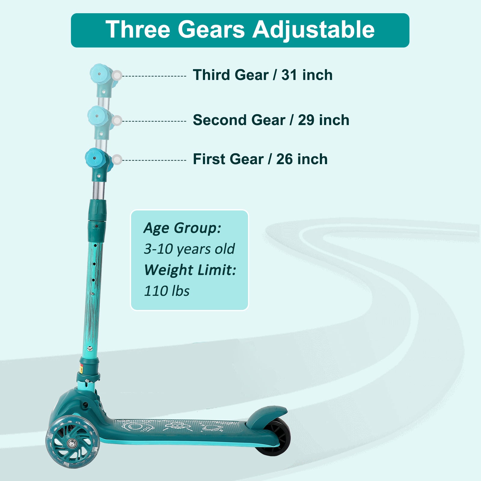 Kick Scooter For Kids, Wheel With Brake, Adjustable Height Handlebar, Lightweight, Aged 3 10, Wide Standing Board Green Aluminium