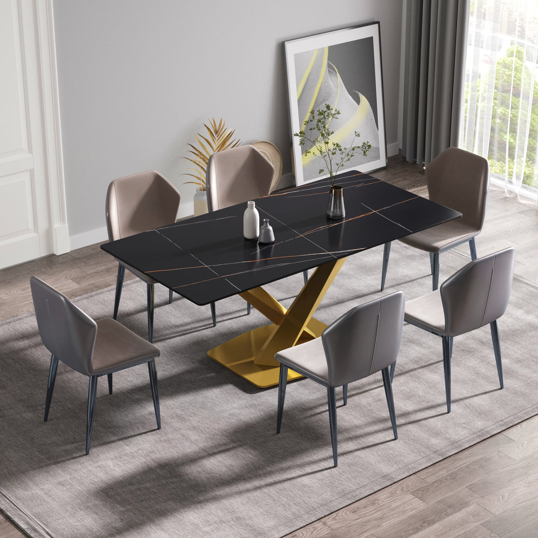 70.87" Modern Artificial Stone Black Straight Edge Golden Metal Leg Dining Table Can Accommodate 6 8 People Black Metal Sintered Stone