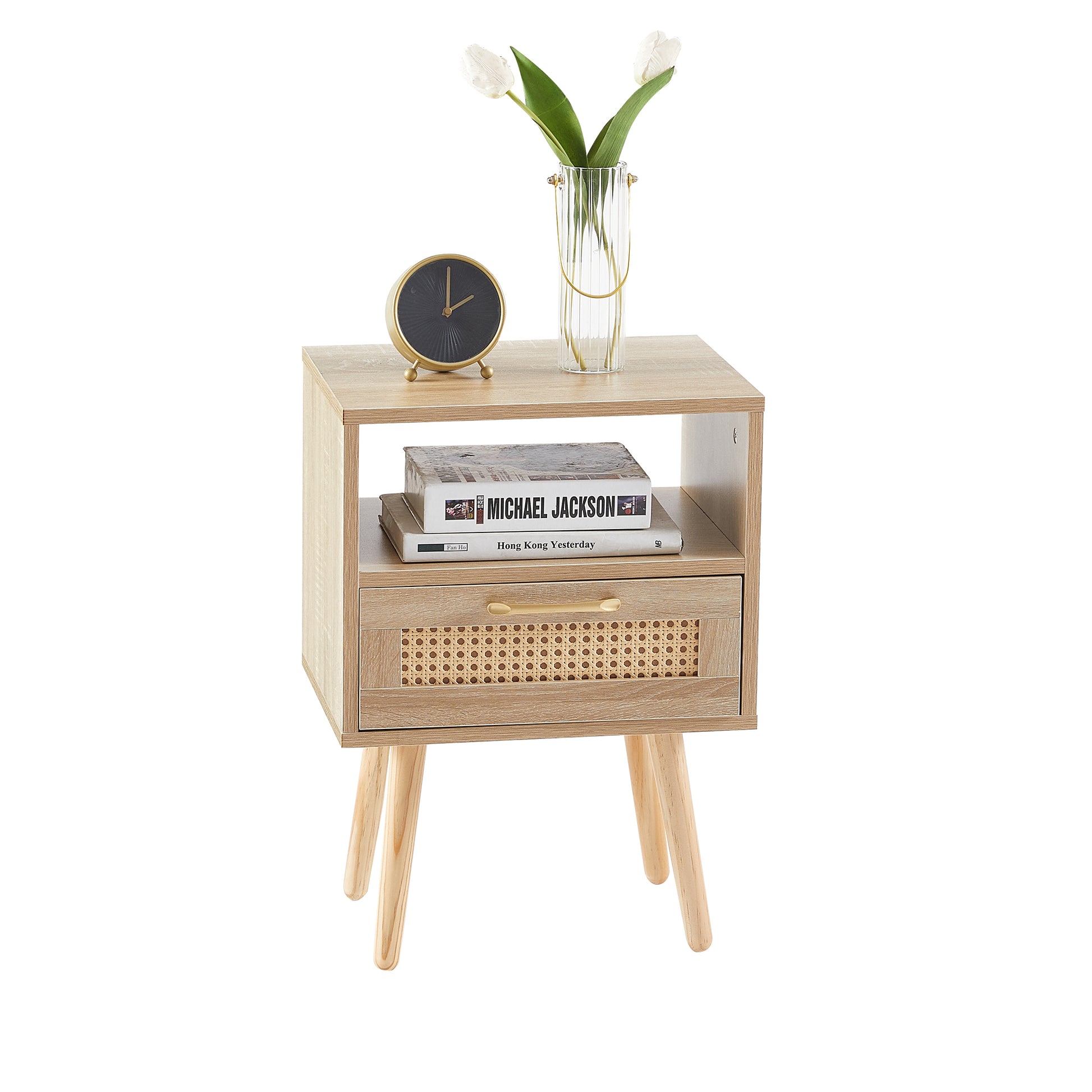 15.75" Rattan End Table With Drawer And Solid Wood Legs, Modern Nightstand, Side Table For Living Room, Bedroom,Natural Natural Solid Wood Mdf