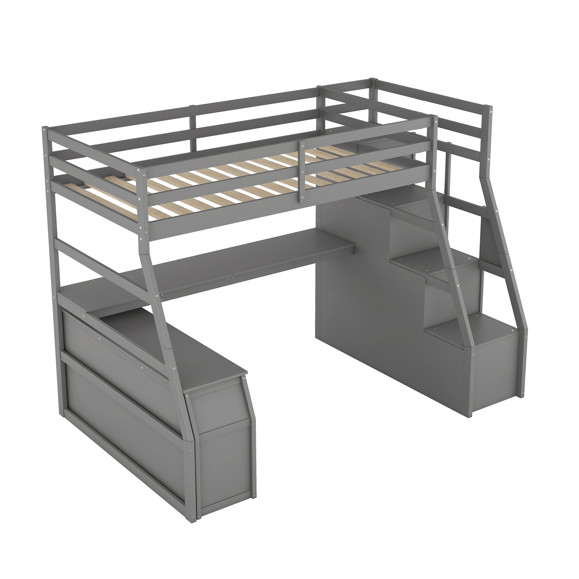 Twin Size Loft Bed With 7 Drawers 2 Shelves And Desk Gray Gray Plywood