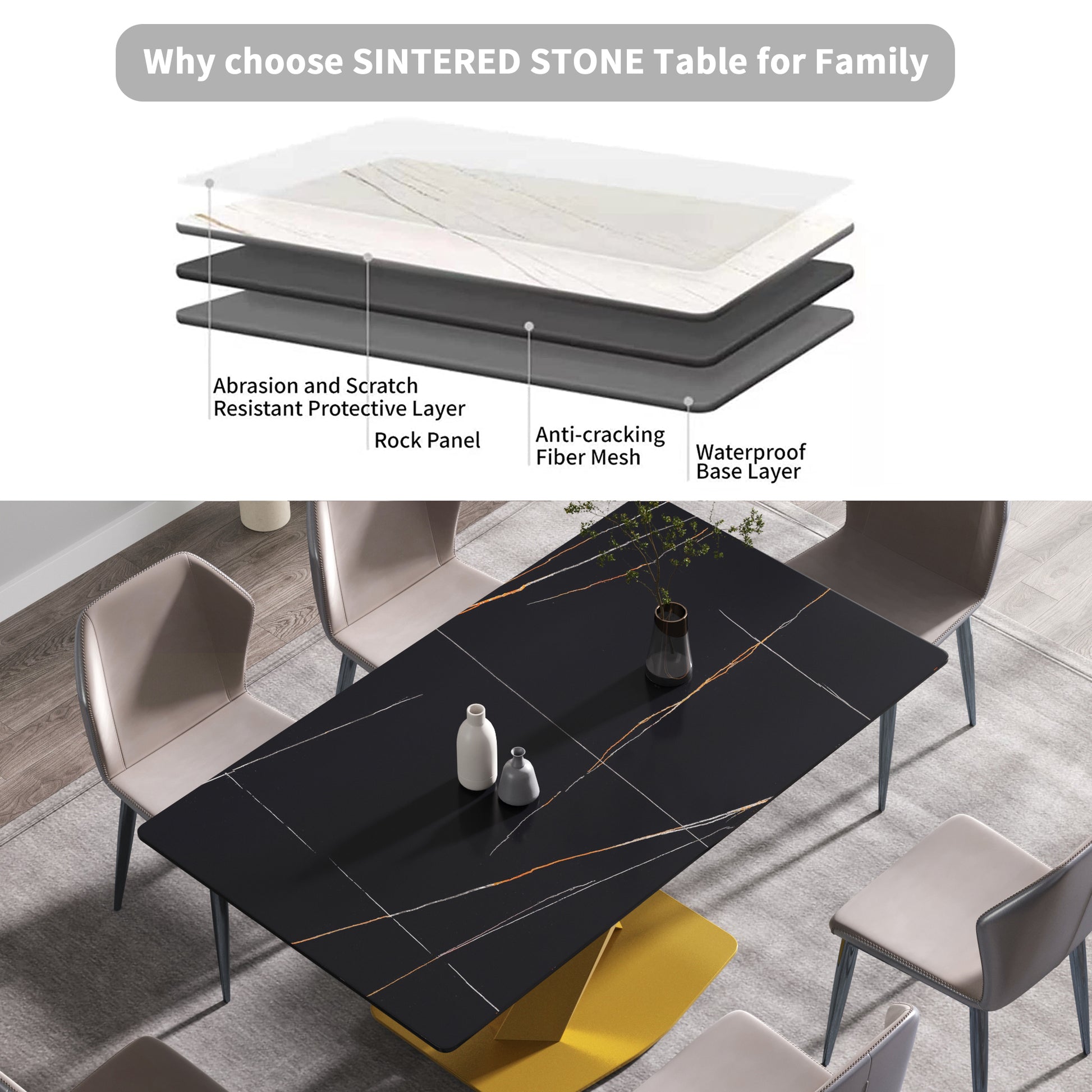 70.87" Modern Artificial Stone Black Straight Edge Golden Metal Leg Dining Table Can Accommodate 6 8 People Black Metal Sintered Stone