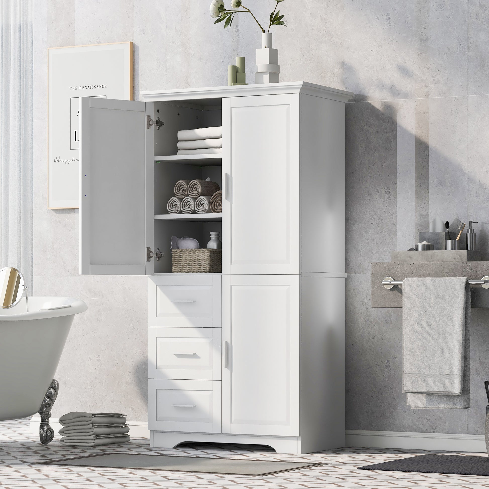 Tall And Wide Storage Cabinet With Doors For Bathroom Office, Three Drawers, White White Mdf