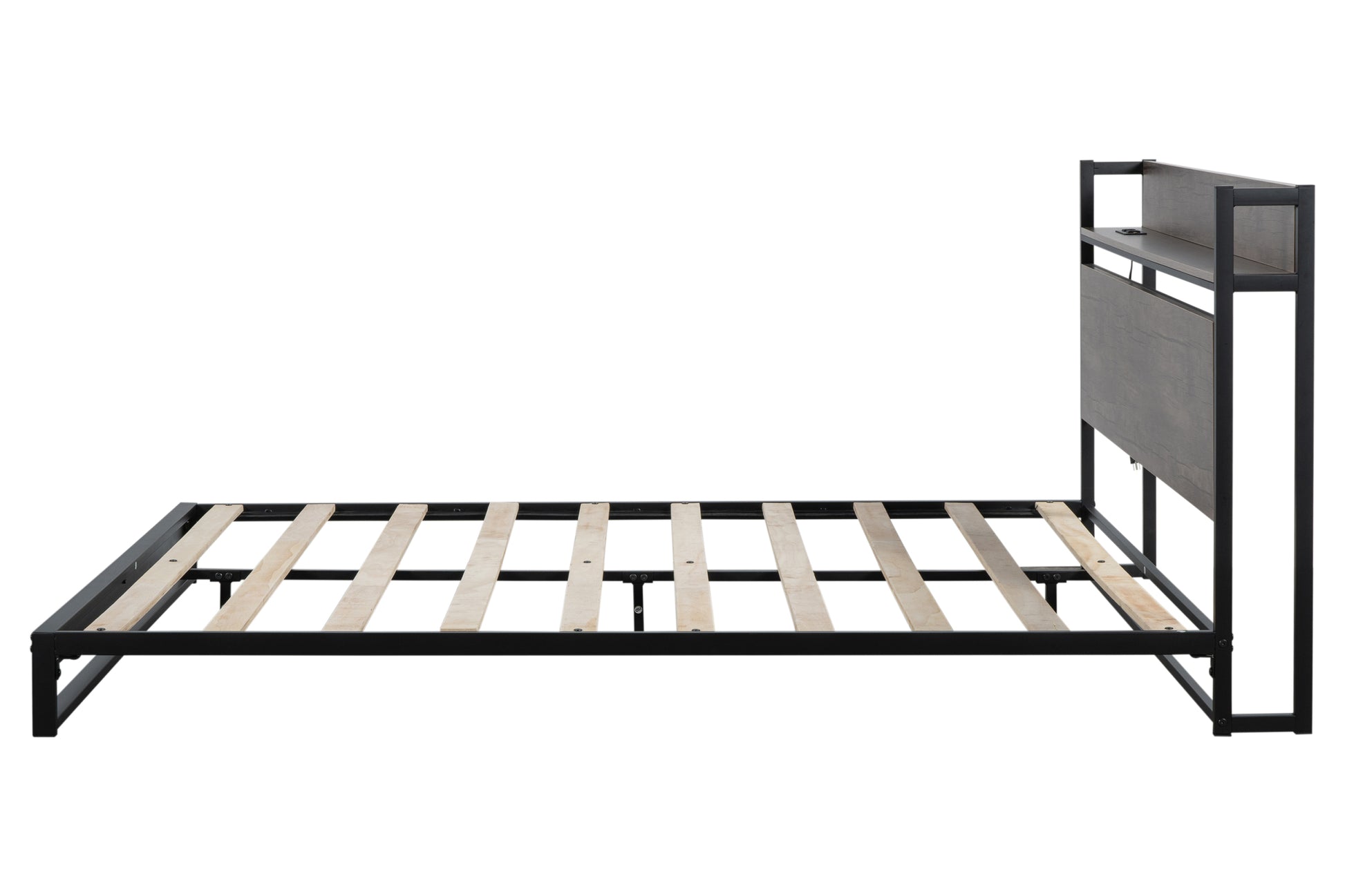 Platform Queen Bed With Socket, Fast Assemble Design Black Steel