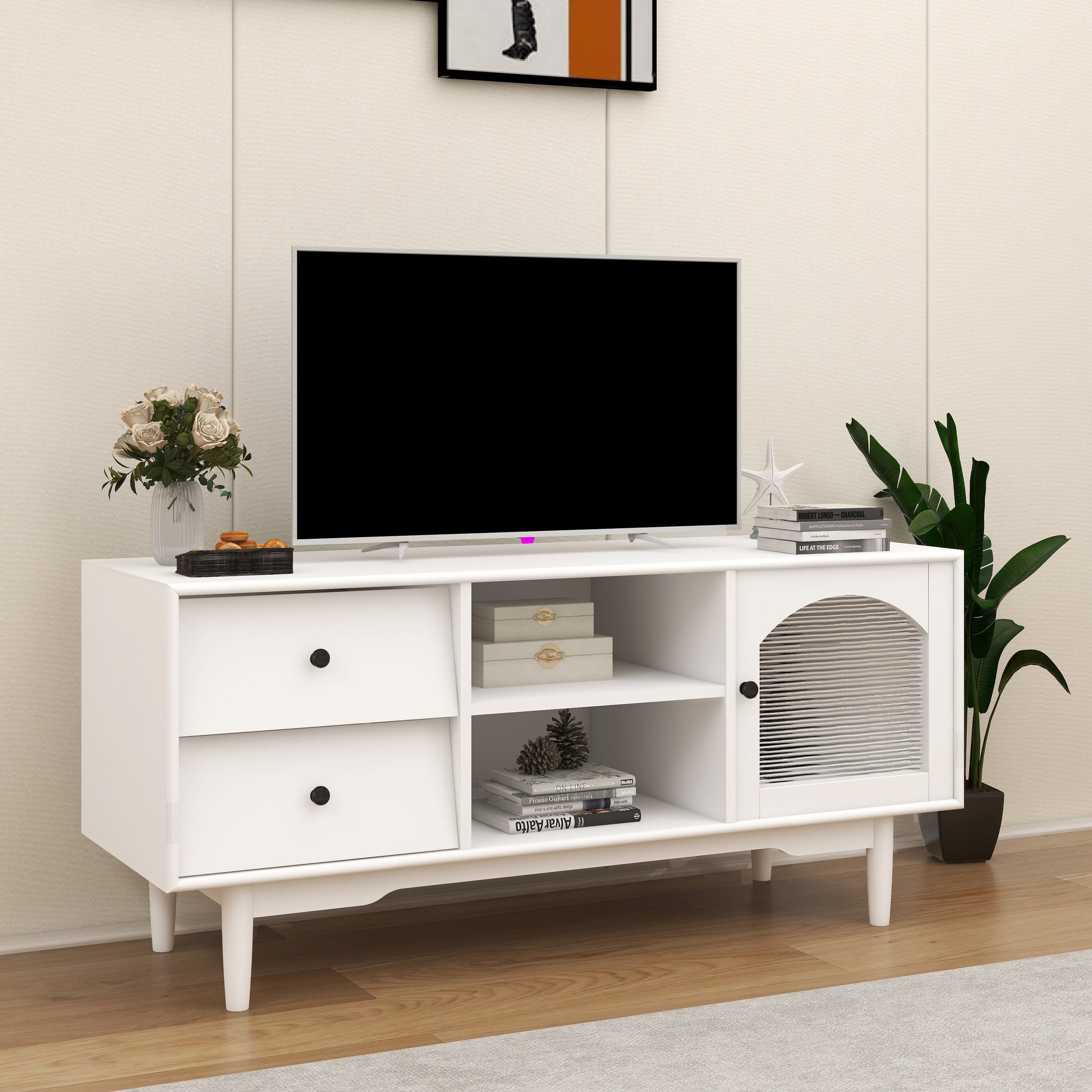 Living Room White Tv Stand With Drawers And Open Shelves, A Cabinet With Glass Doors For Storage White Mdf