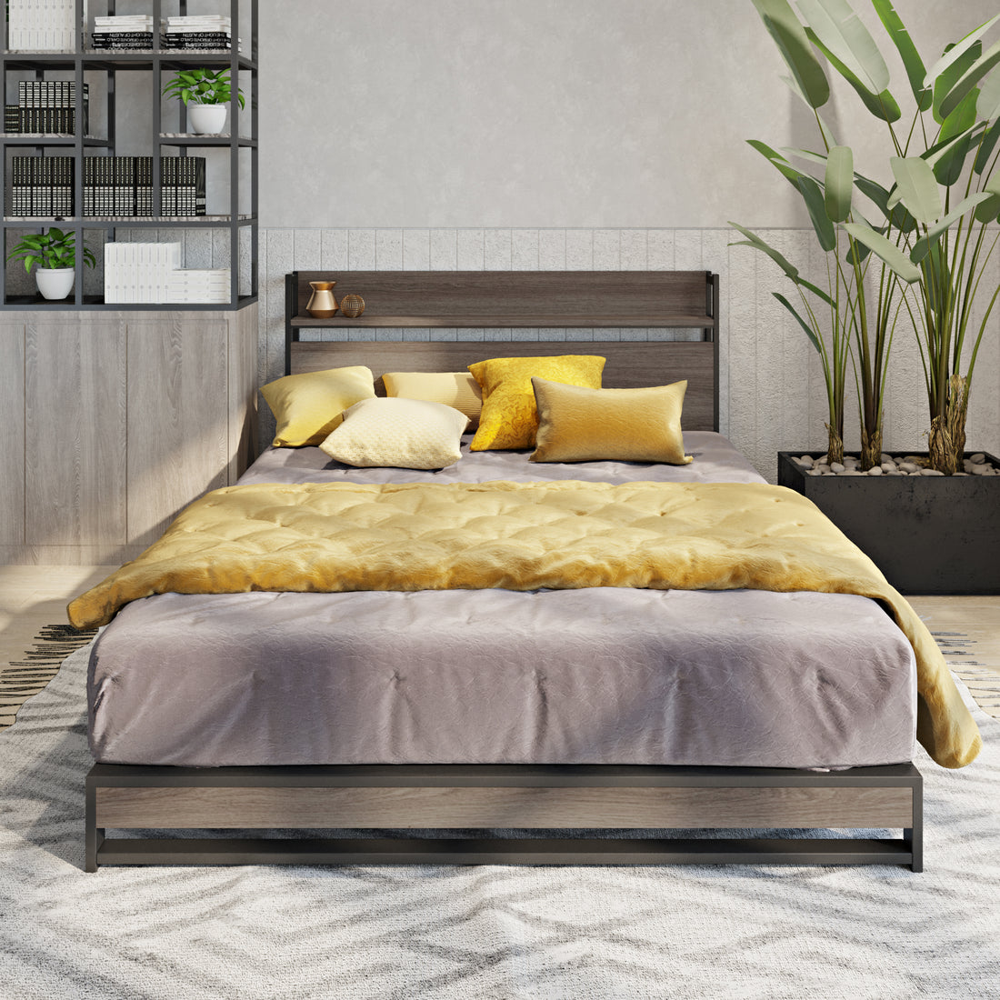 Platform Queen Bed With Socket, Fast Assemble Design Black Steel