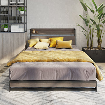 Platform Queen Bed With Socket, Fast Assemble Design Black Steel