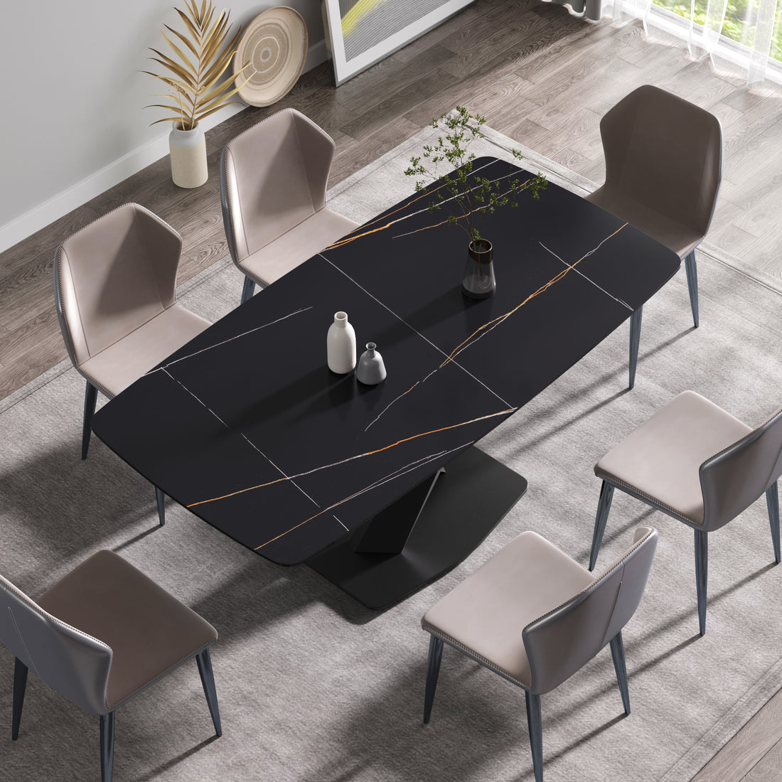 70.87"Modern Artificial Stone Black Curved Black Metal Leg Dining Table Can Accommodate 6 8 People Black Metal Sintered Stone