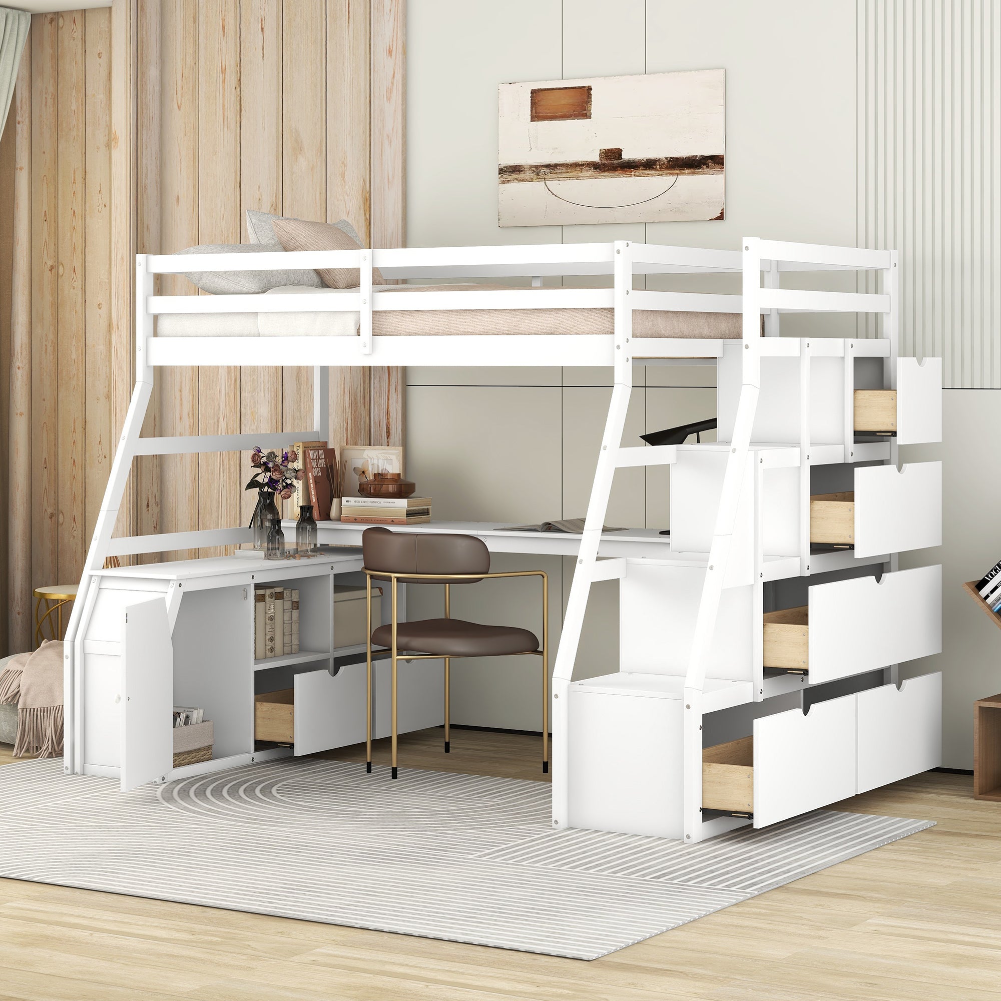 Twin Size Loft Bed With 7 Drawers 2 Shelves And Desk White White Plywood