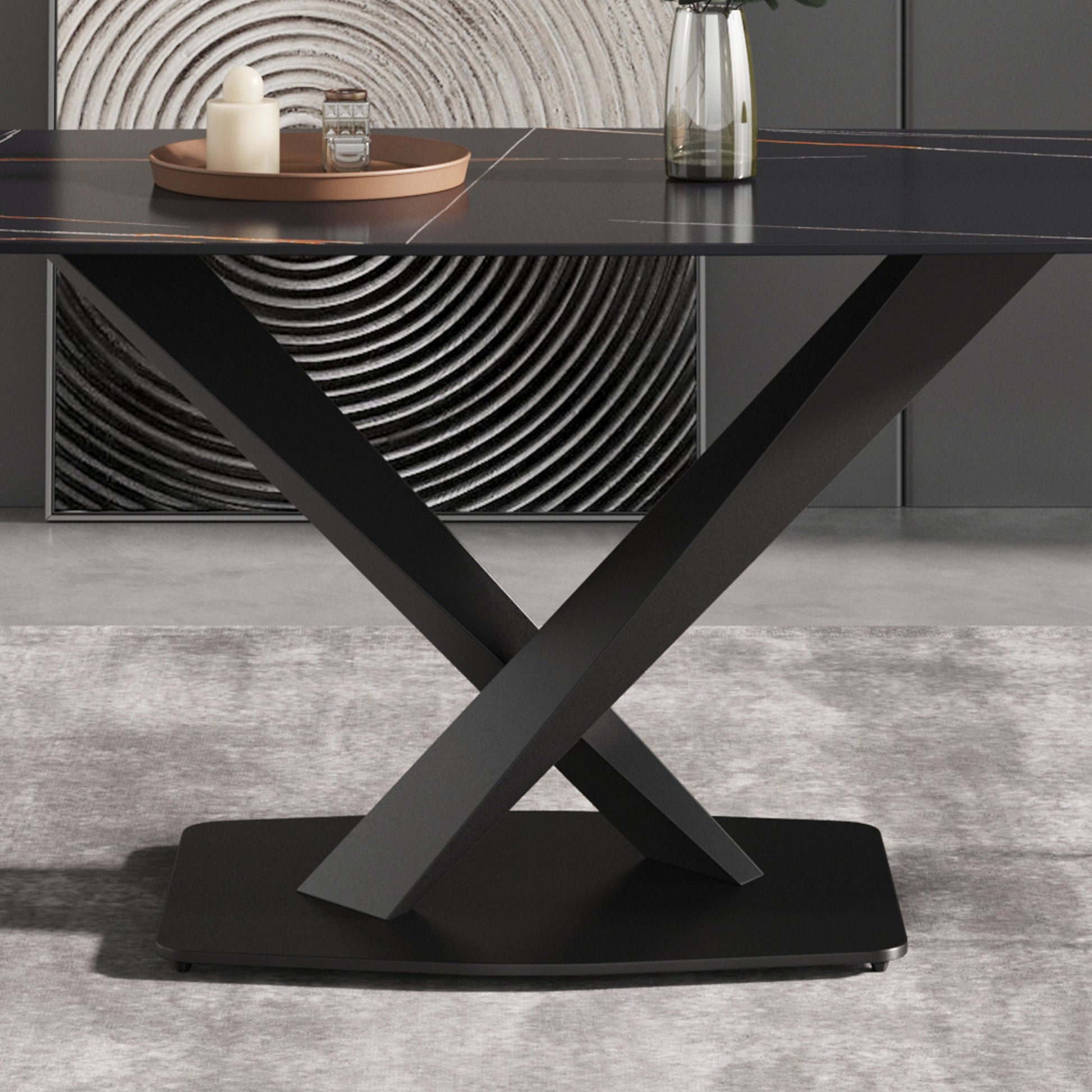 70.87"Modern Artificial Stone Black Curved Black Metal Leg Dining Table Can Accommodate 6 8 People Black Metal Sintered Stone