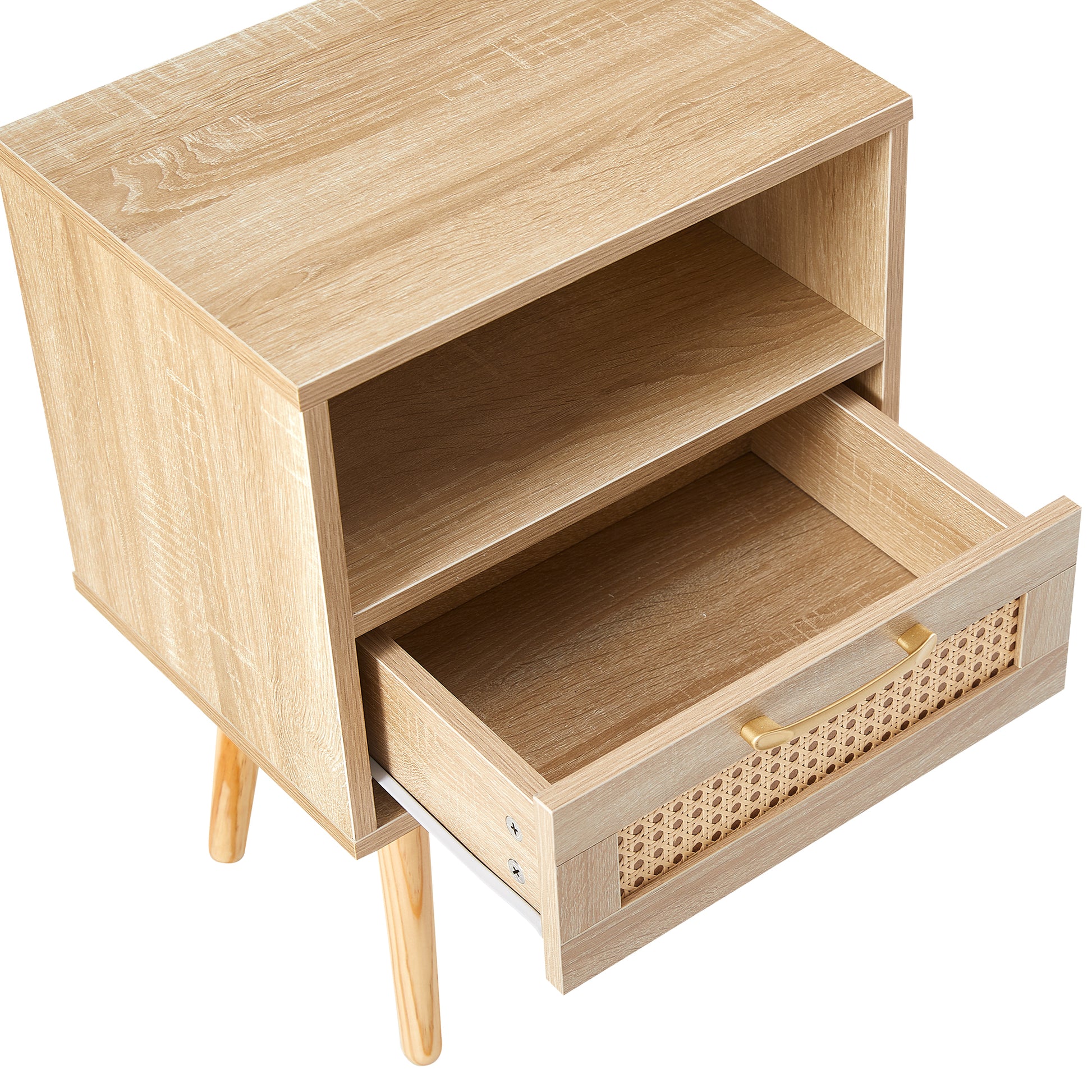 15.75" Rattan End Table With Drawer And Solid Wood Legs, Modern Nightstand, Side Table For Living Room, Bedroom,Natural Natural Solid Wood Mdf