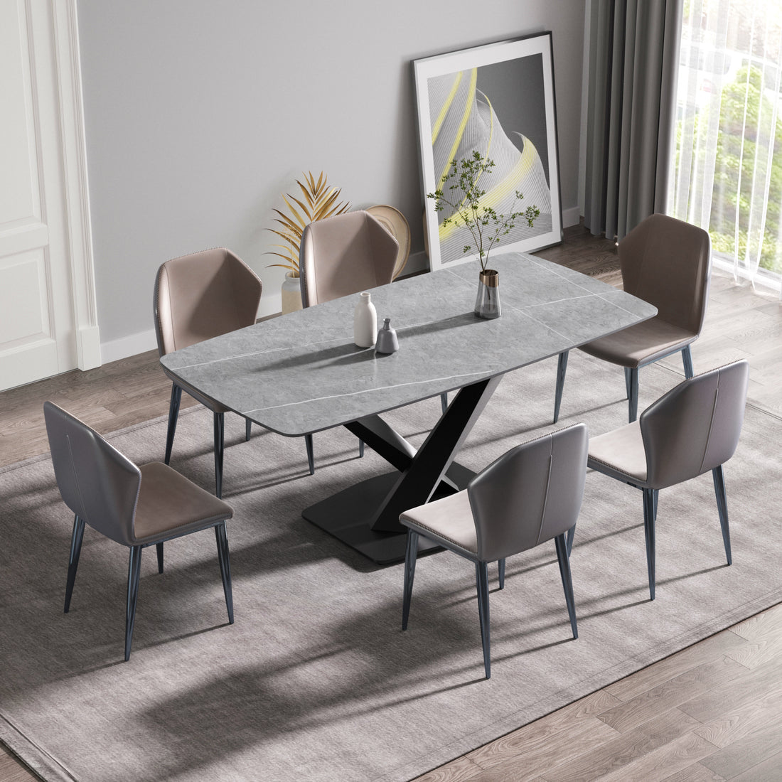 70.87"Modern Artificial Stone Gray Curved Black Metal Leg Dining Table Can Accommodate 6 8 People Gray Metal Sintered Stone