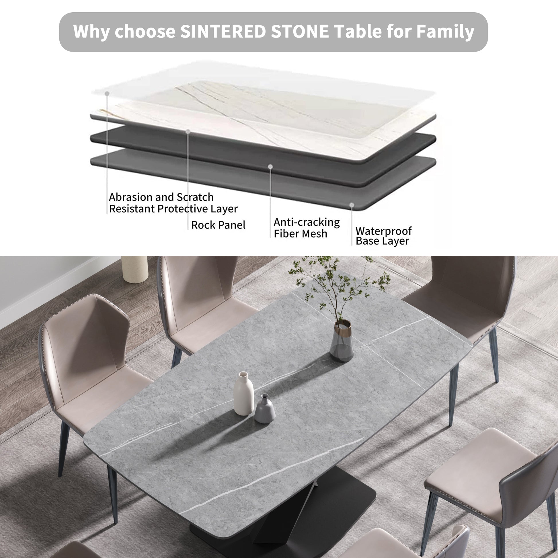 70.87"Modern Artificial Stone Gray Curved Black Metal Leg Dining Table Can Accommodate 6 8 People Gray Metal Sintered Stone