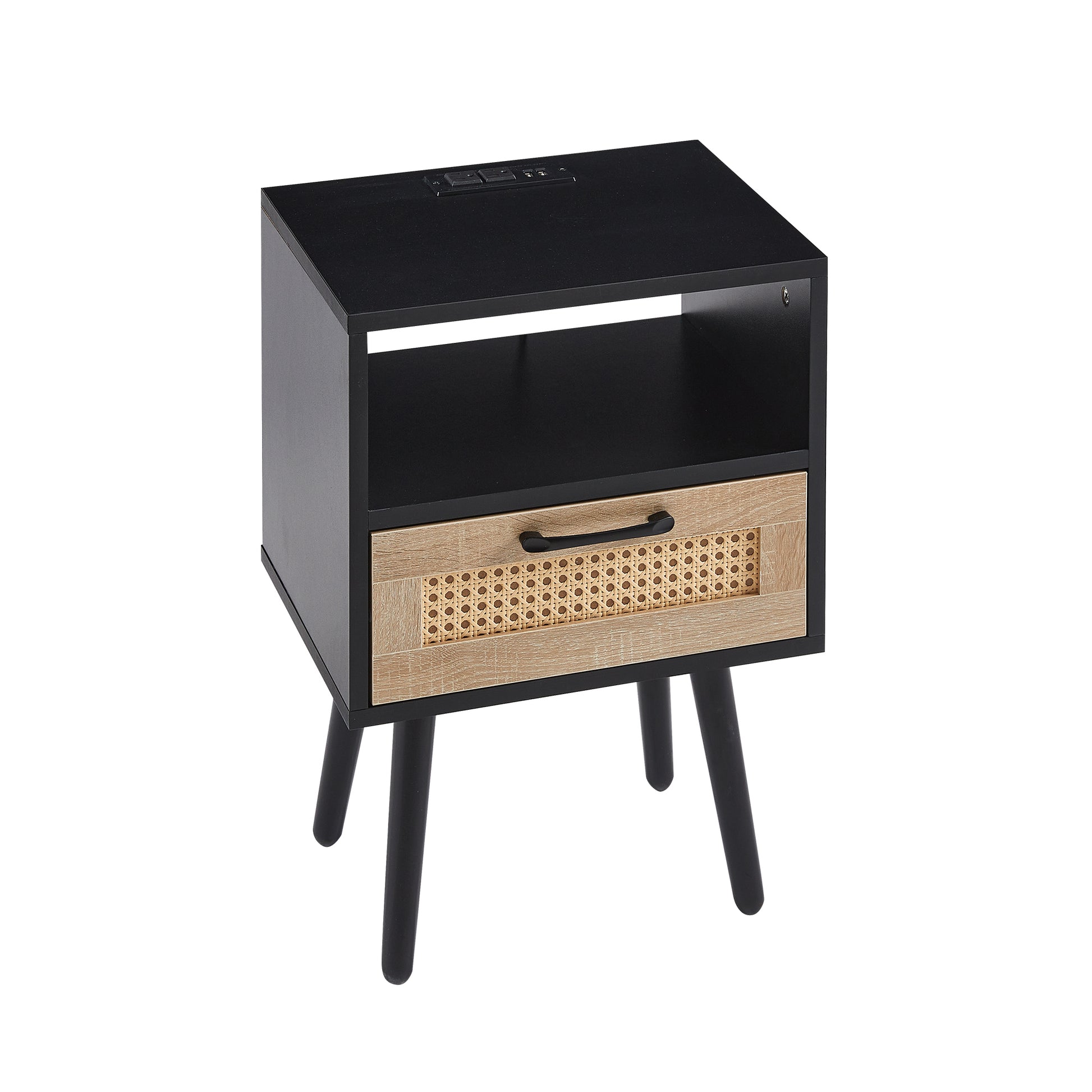 15.75" Rattan End Table With Power Outlet & Usb Portsmodern Nightstand With Drawer And Solid Wood Legs, Side Table For Living Room, Bedroom,Black Black Solid Wood Mdf