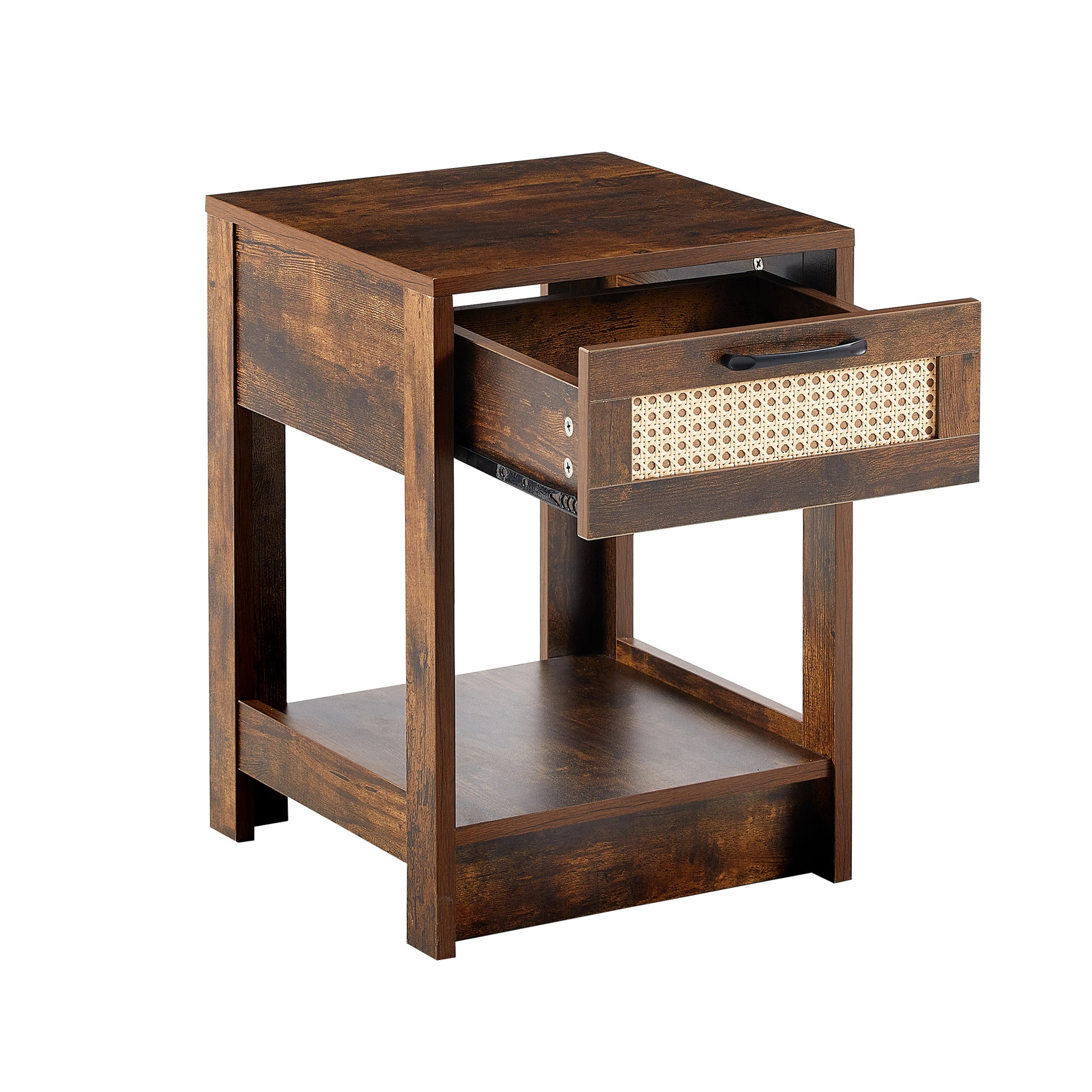 15.75" Rattan End Table With Drawer, Modern Nightstand, Side Table For Living Room, Bedroom,Rustic Brown Rustic Brown Mdf