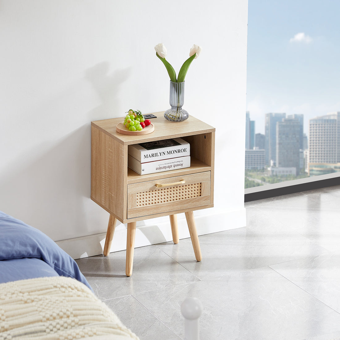 15.75" Rattan End Table With Power Outlet & Usb Portsmodern Nightstand With Drawer And Solid Wood Legs, Side Table For Living Room, Bedroom,Natural Natural Solid Wood Mdf