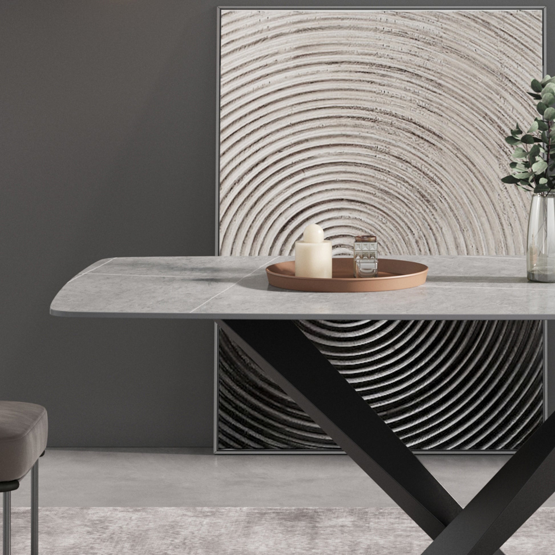 70.87"Modern Artificial Stone Gray Curved Black Metal Leg Dining Table Can Accommodate 6 8 People Gray Metal Sintered Stone