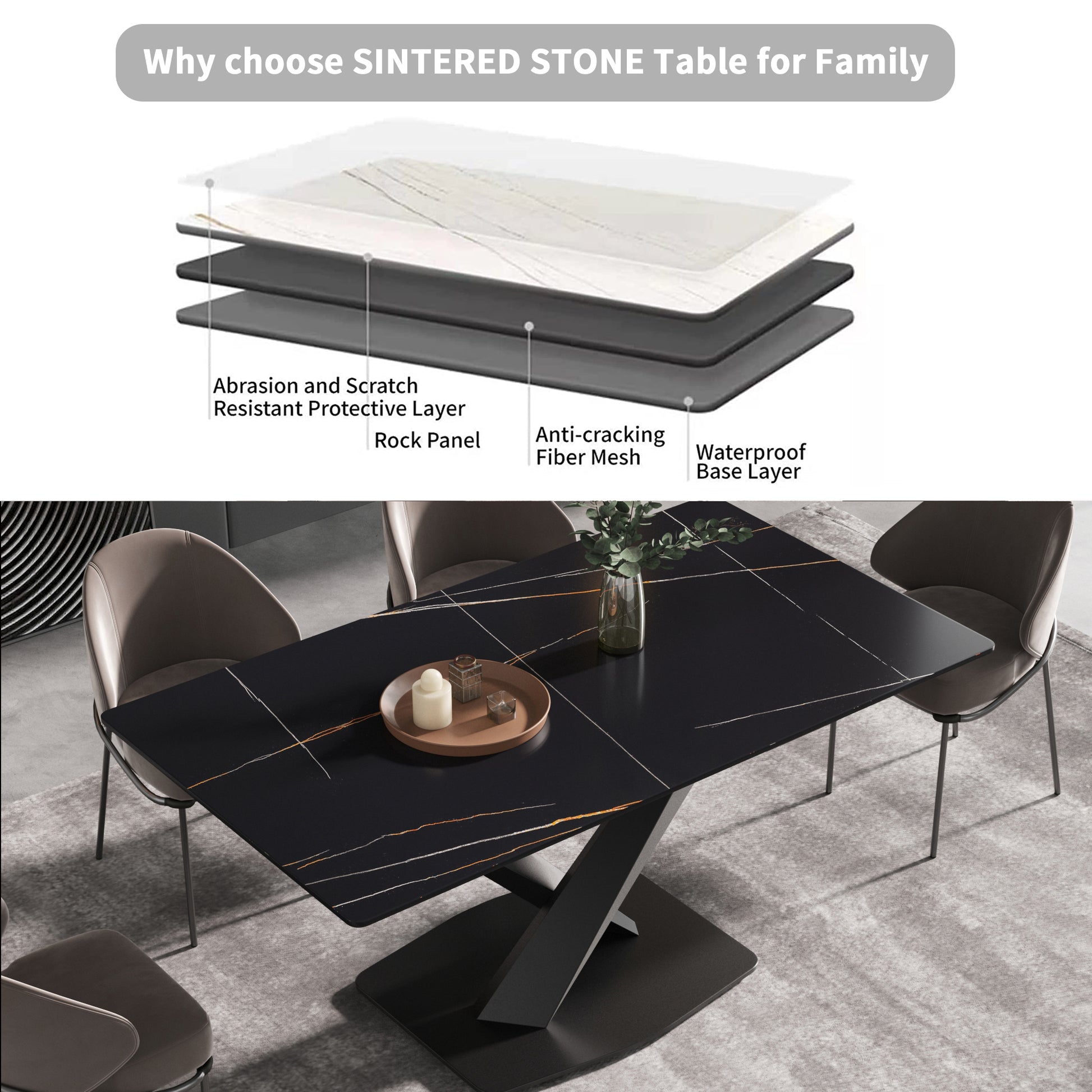 70.87" Modern Artificial Stone Black Straight Edge Black Metal Leg Dining Table Can Accommodate 6 8 People Black Metal Sintered Stone