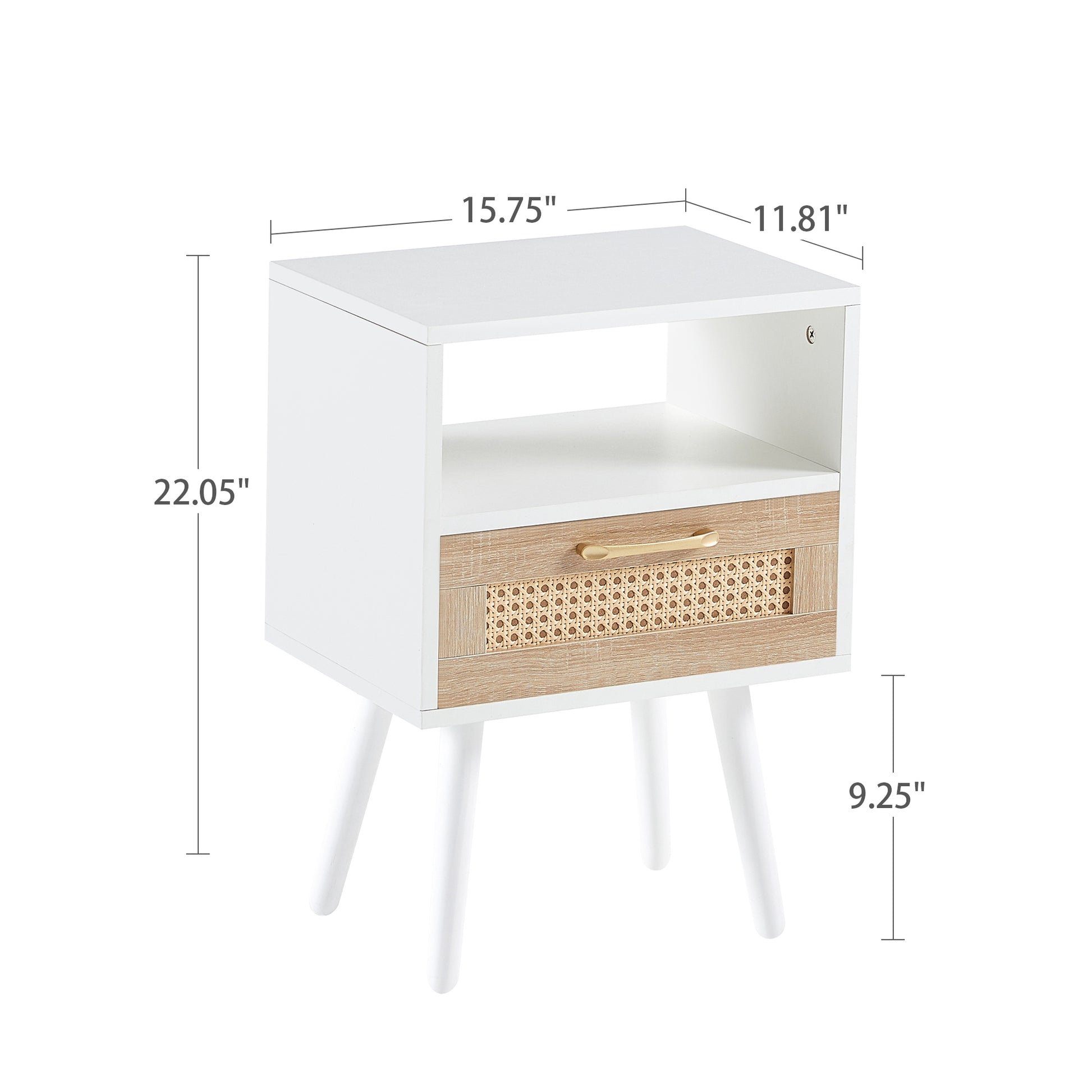 15.75" Rattan End Table With Drawer And Solid Wood Legs, Modern Nightstand, Side Table For Living Room, Bedroom, White White Solid Wood Mdf