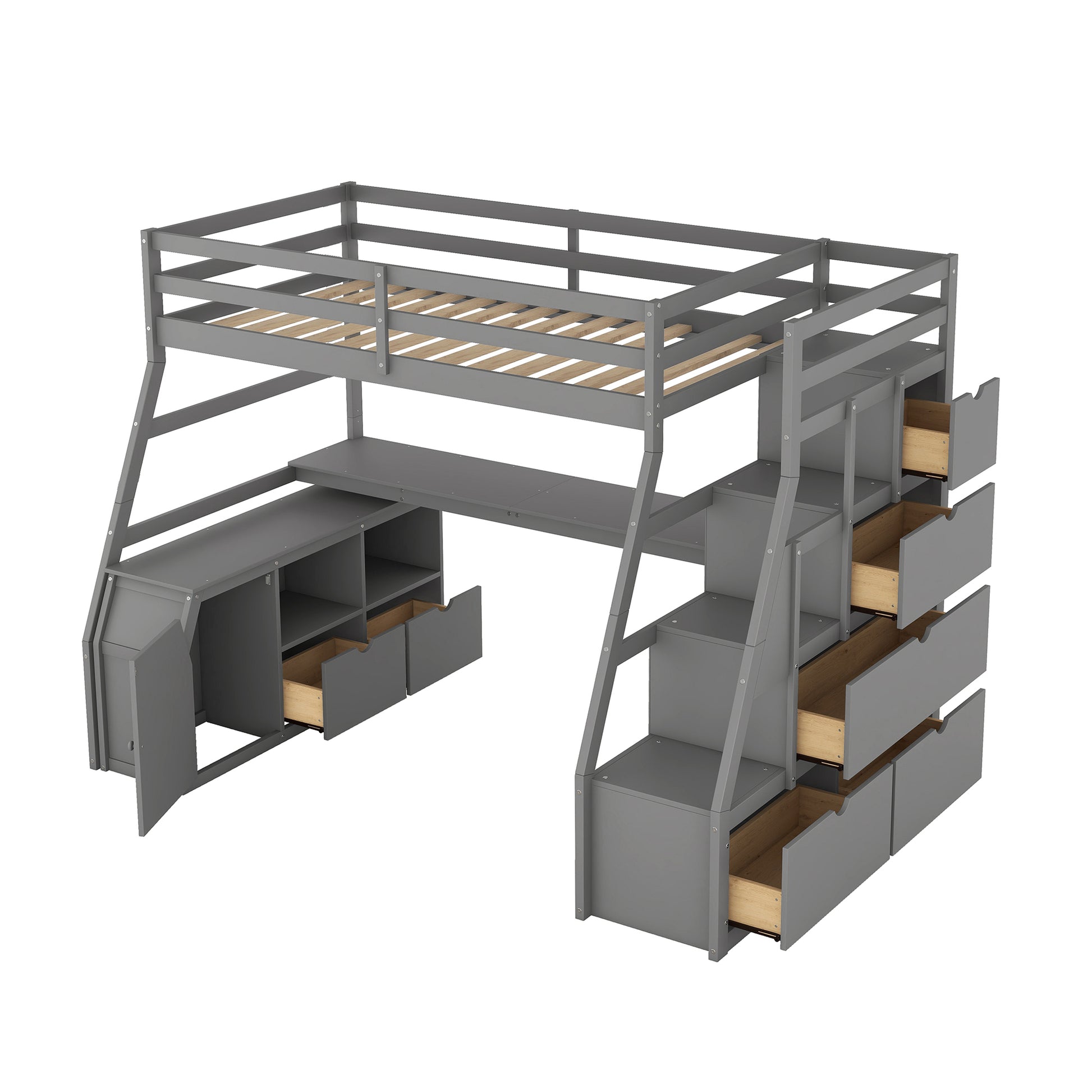 Twin Size Loft Bed With 7 Drawers 2 Shelves And Desk Gray Gray Plywood