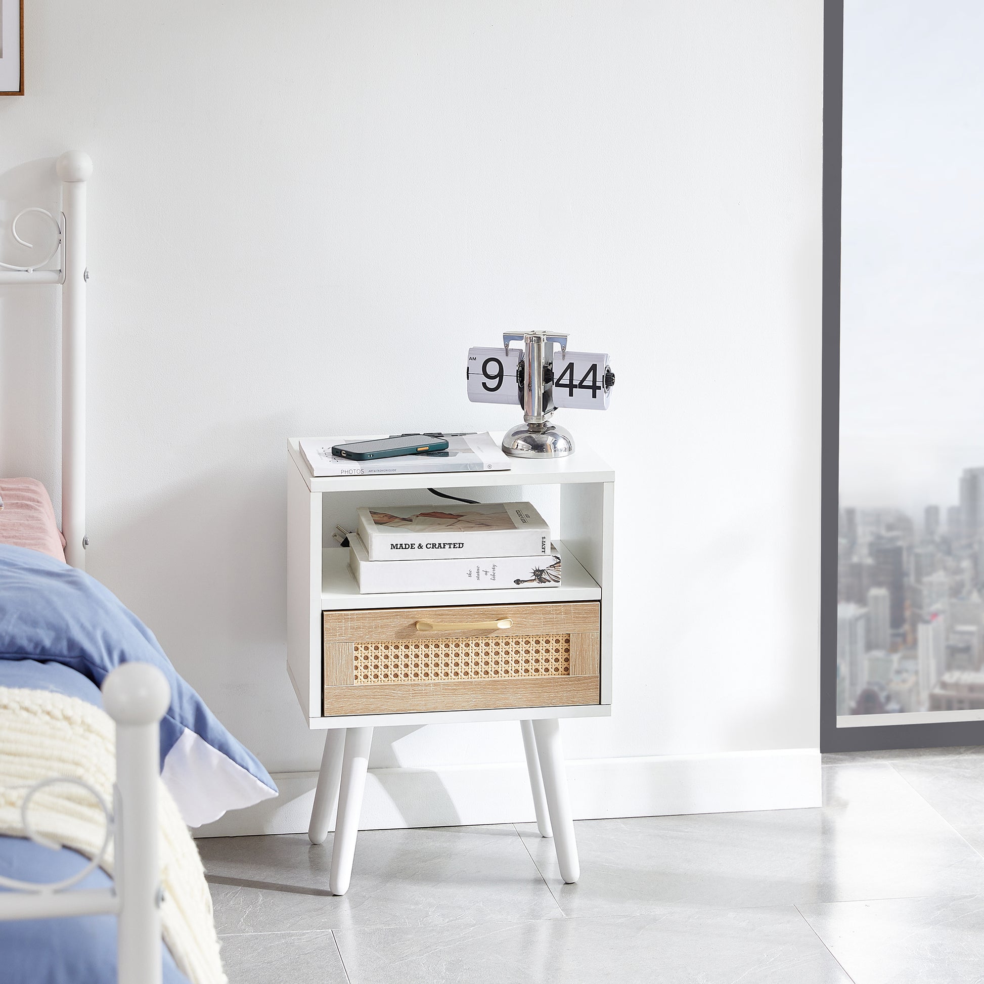 15.75" Rattan End Table With Power Outlet & Usb Portsmodern Nightstand With Drawer And Solid Wood Legs, Side Table For Living Room, Bedroom, White White Solid Wood Mdf
