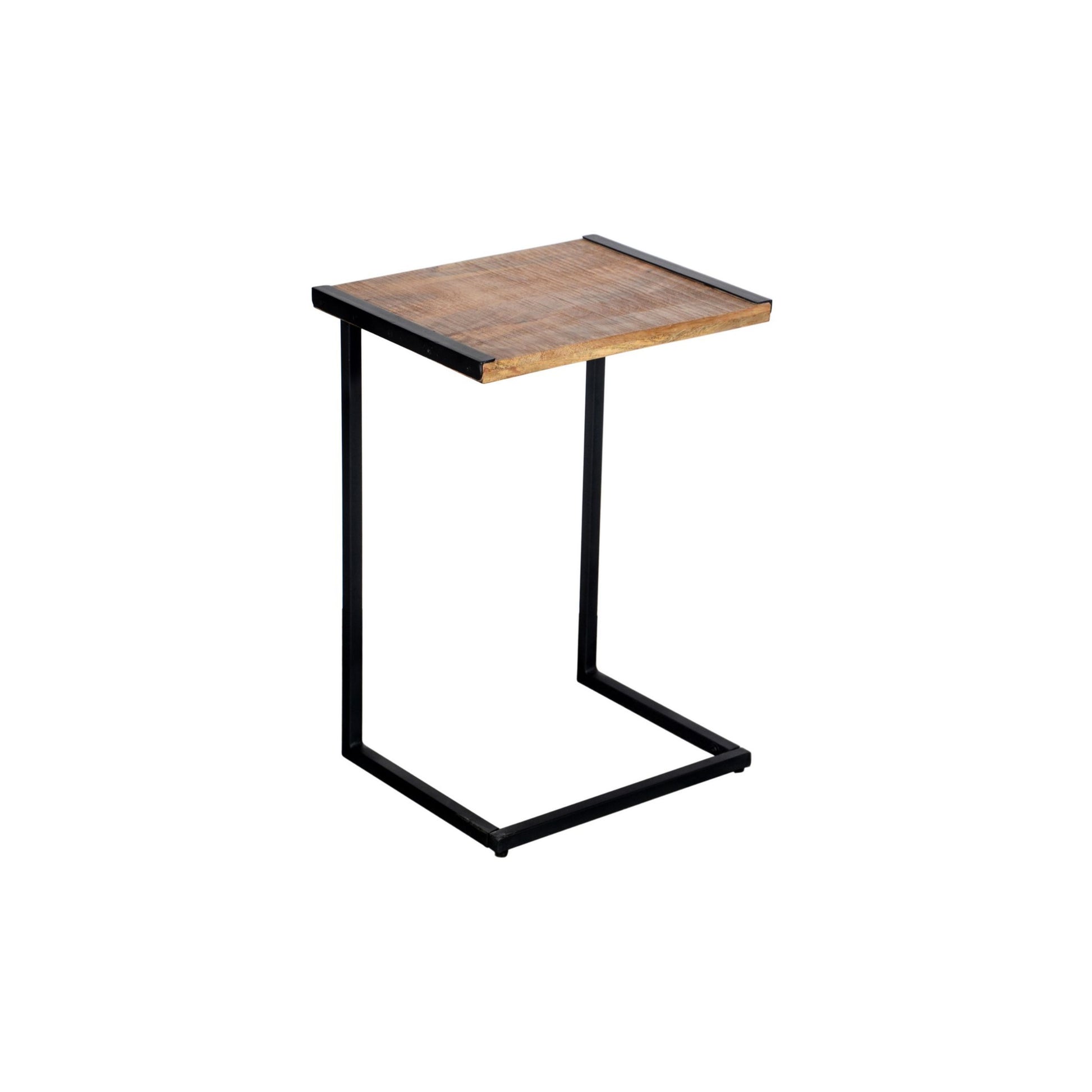 C Shape Mango Wood Sofa Side End Table With Metal Cantilever Base, Brown And Black Walnut Black Metal & Wood