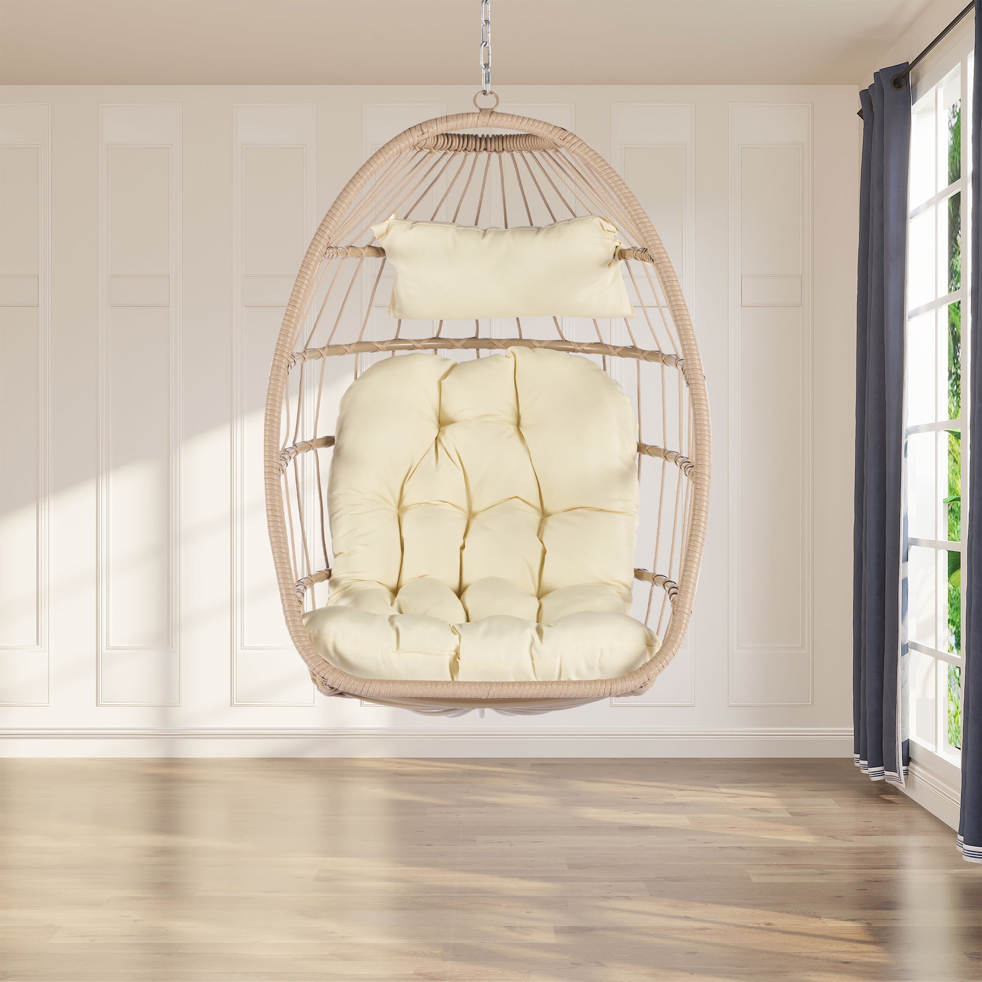 Outdoor Garden Rattan Egg Swing Chair Hanging Chair Wood Khaki Yes Sectional Khaki Uv Resistant Frame Water Resistant Cushion Garden & Outdoor American Design Complete Patio Sets Polypropylene