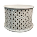 28 Inch Artisanal Round Mango Wood Coffee Table, Intricate Diamond Lattice Cut Out Frame, Washed White White Solid Wood