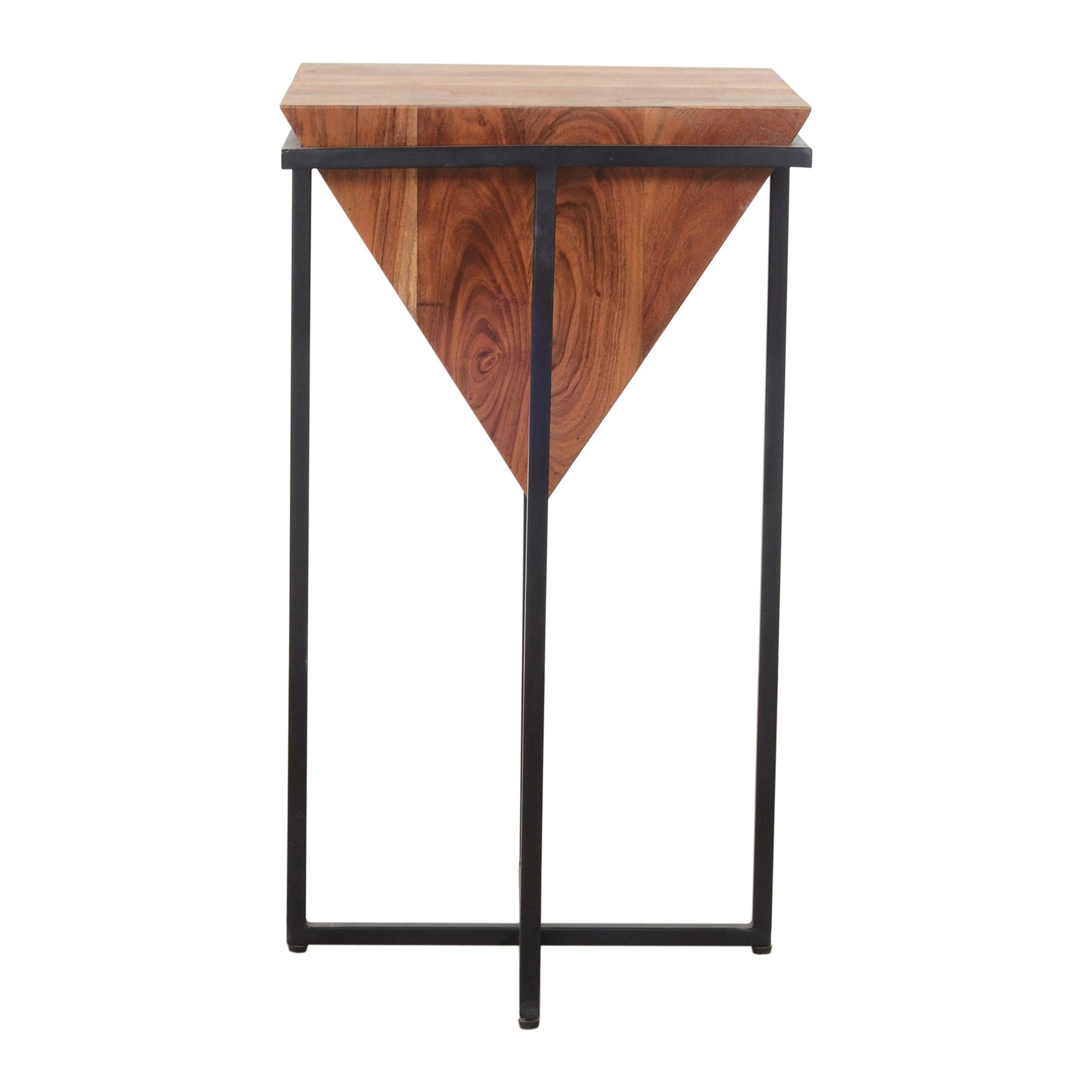 26 Inch Pyramid Shape Wooden Side Table With Cross Metal Base, Brown And Black Walnut Black Metal & Wood