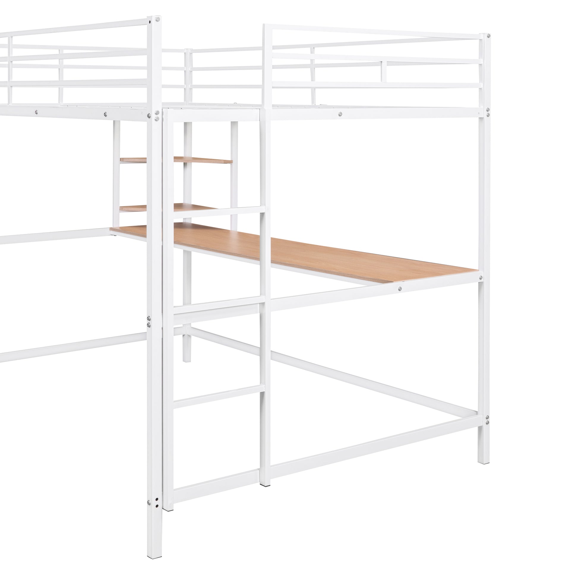 Full Metal Loft Bed With Desk And Shelve, White White Metal