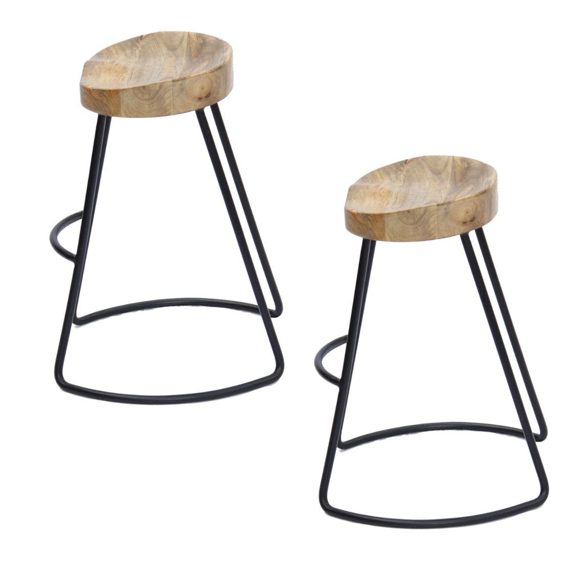 Ela 30 Inch Mango Wood Industrial Barstool, Saddle Seat, Iron Frame, Set Of 2, Brown, Black Walnut Black Metal & Wood