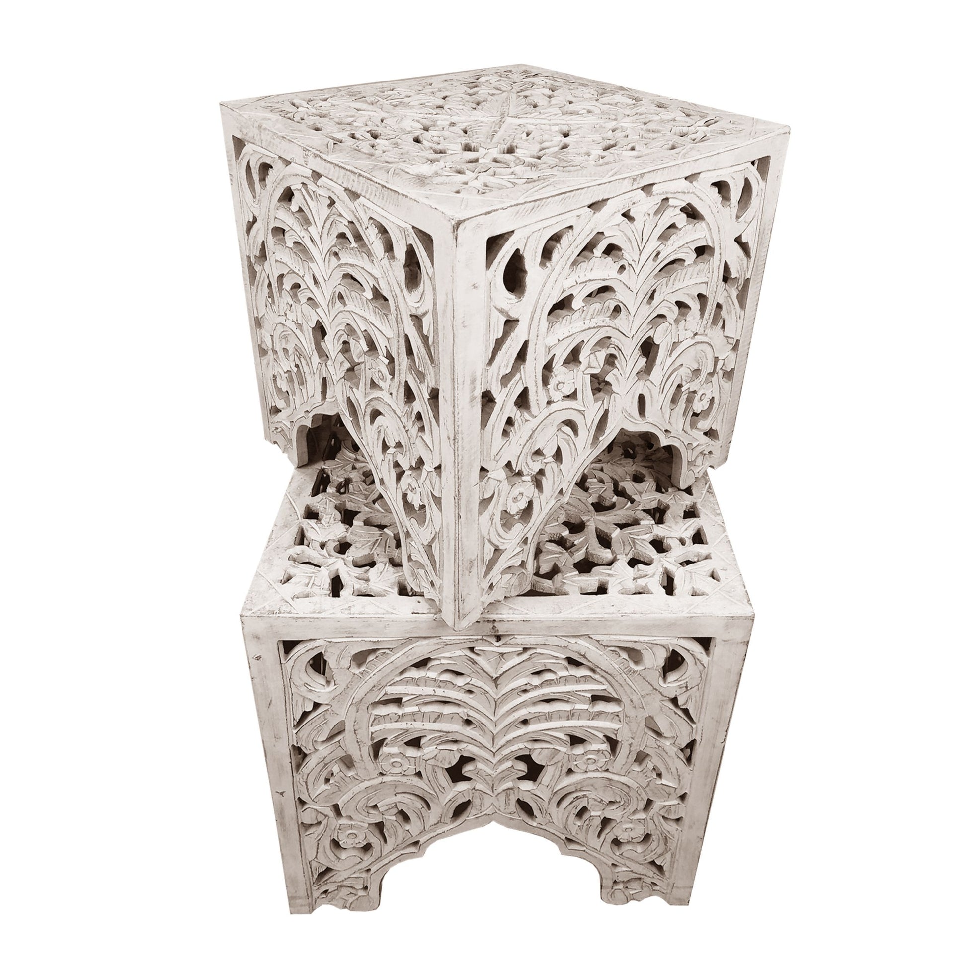 Wooden End Table With Floral Cut Out Design, Set Of 2, Antique White White Solid Wood