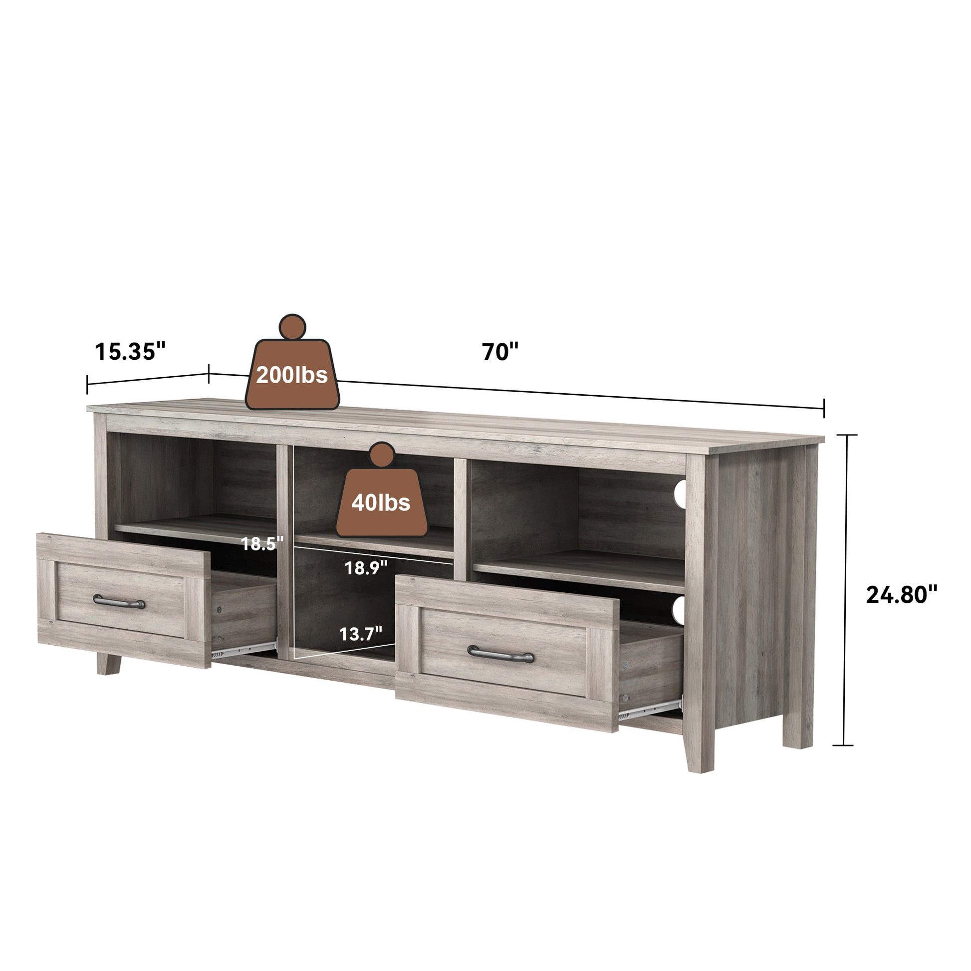 70.08 Inch Length Tv Stand For Living Room And Bedroom, With 2 Drawers And 4 High Capacity Storage Compartment, Grey Walnut Grey Particle Board