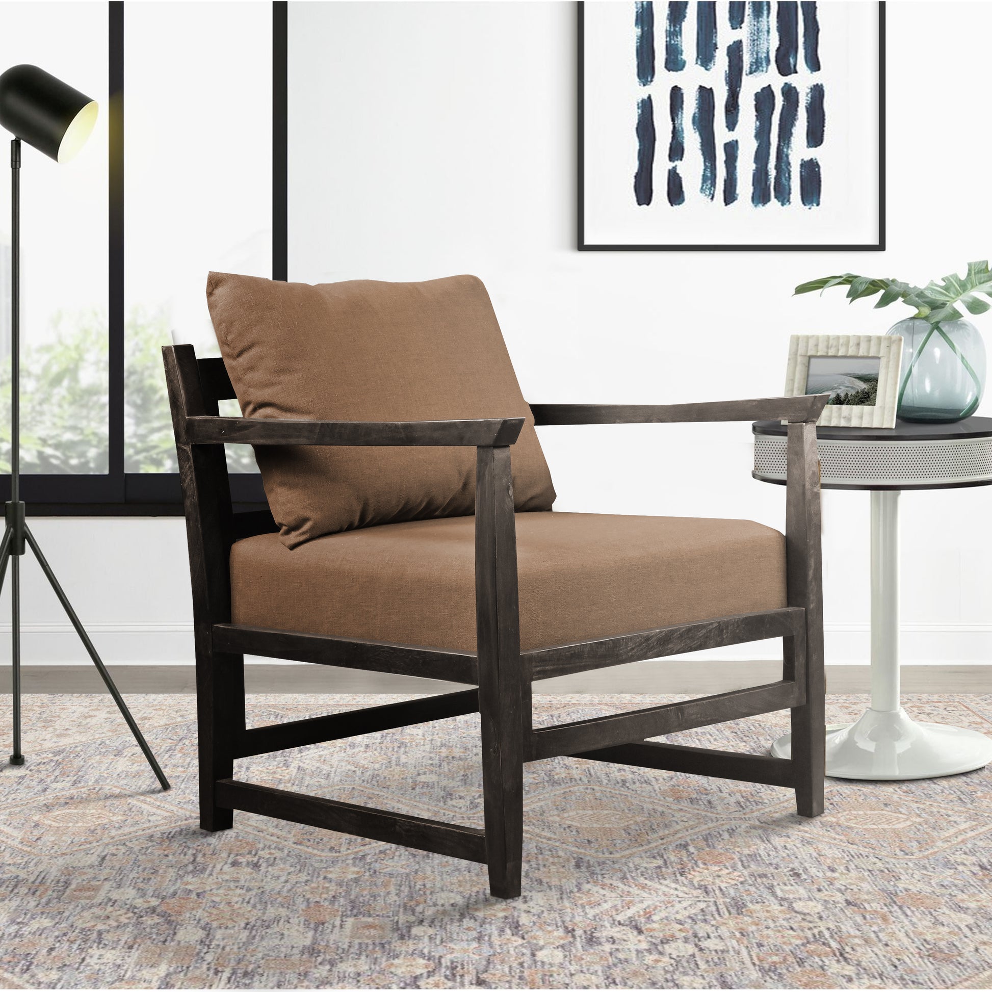 Malibu 27 Inch Handcrafted Mango Wood Accent Chair, Fabric, Pillow Back, Open Frame, Brown Brown Solid Wood