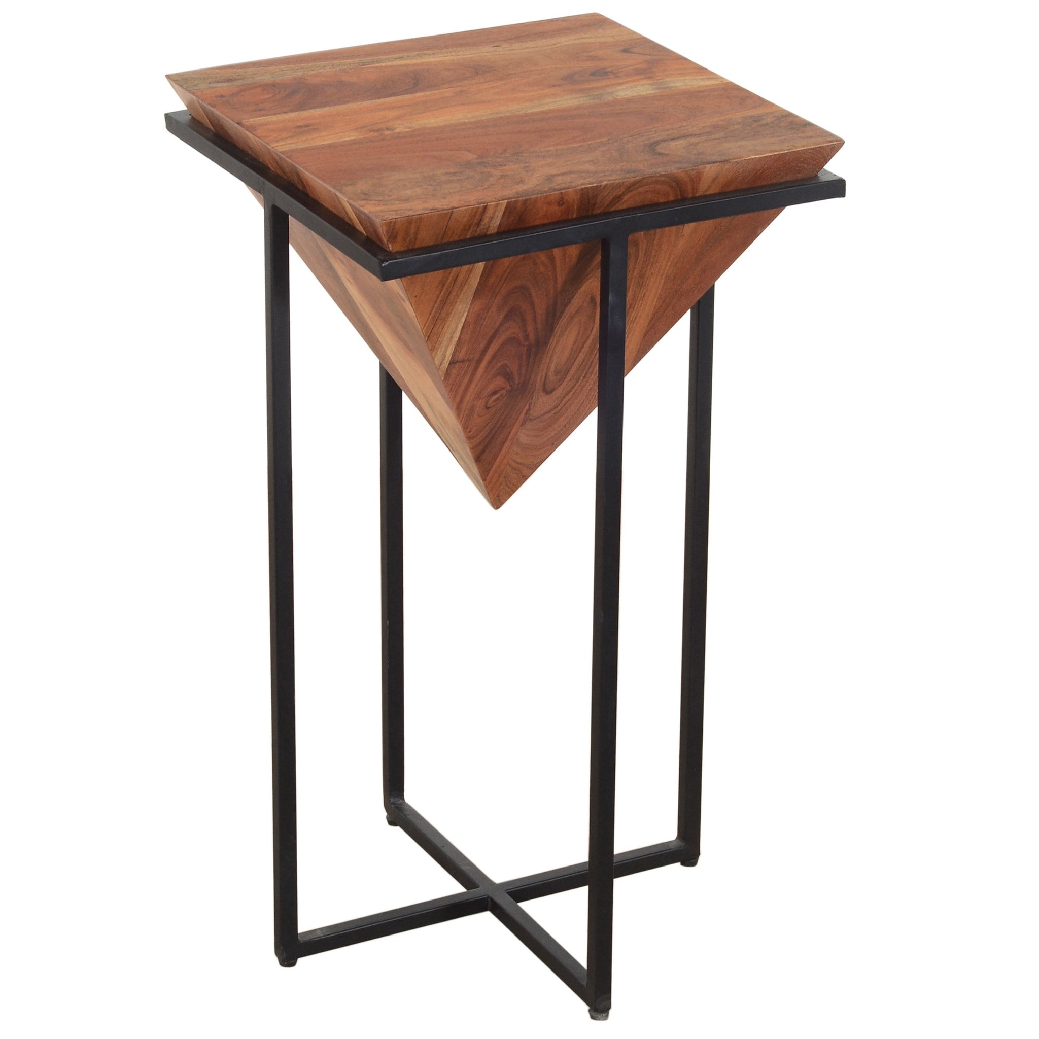 26 Inch Pyramid Shape Wooden Side Table With Cross Metal Base, Brown And Black Walnut Black Metal & Wood