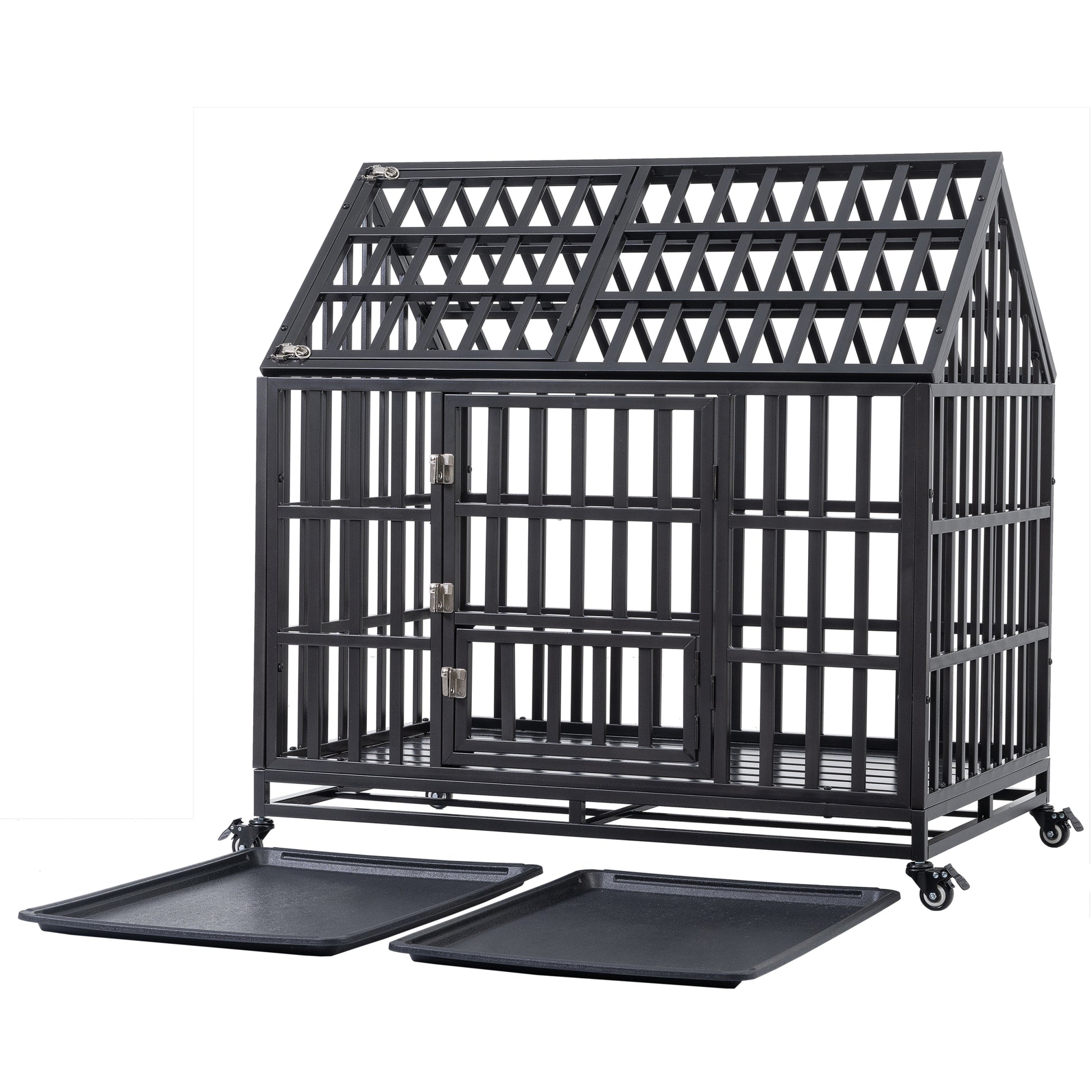 Heavy Duty Dog Cage Pet Crate With Roof Black Carbon Steel