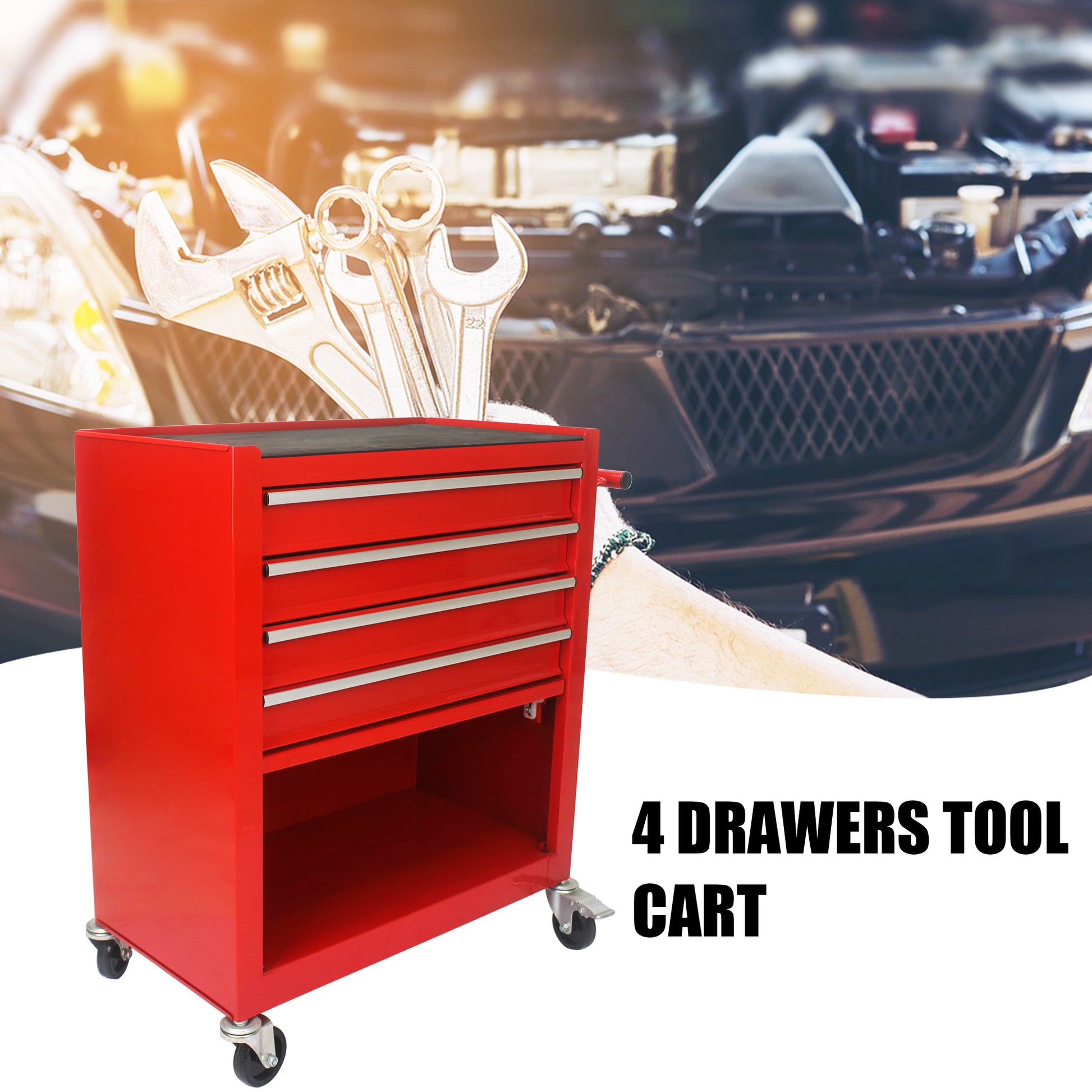 4 Drawers Multifunctional Red Tool Cart With Wheels Red Steel